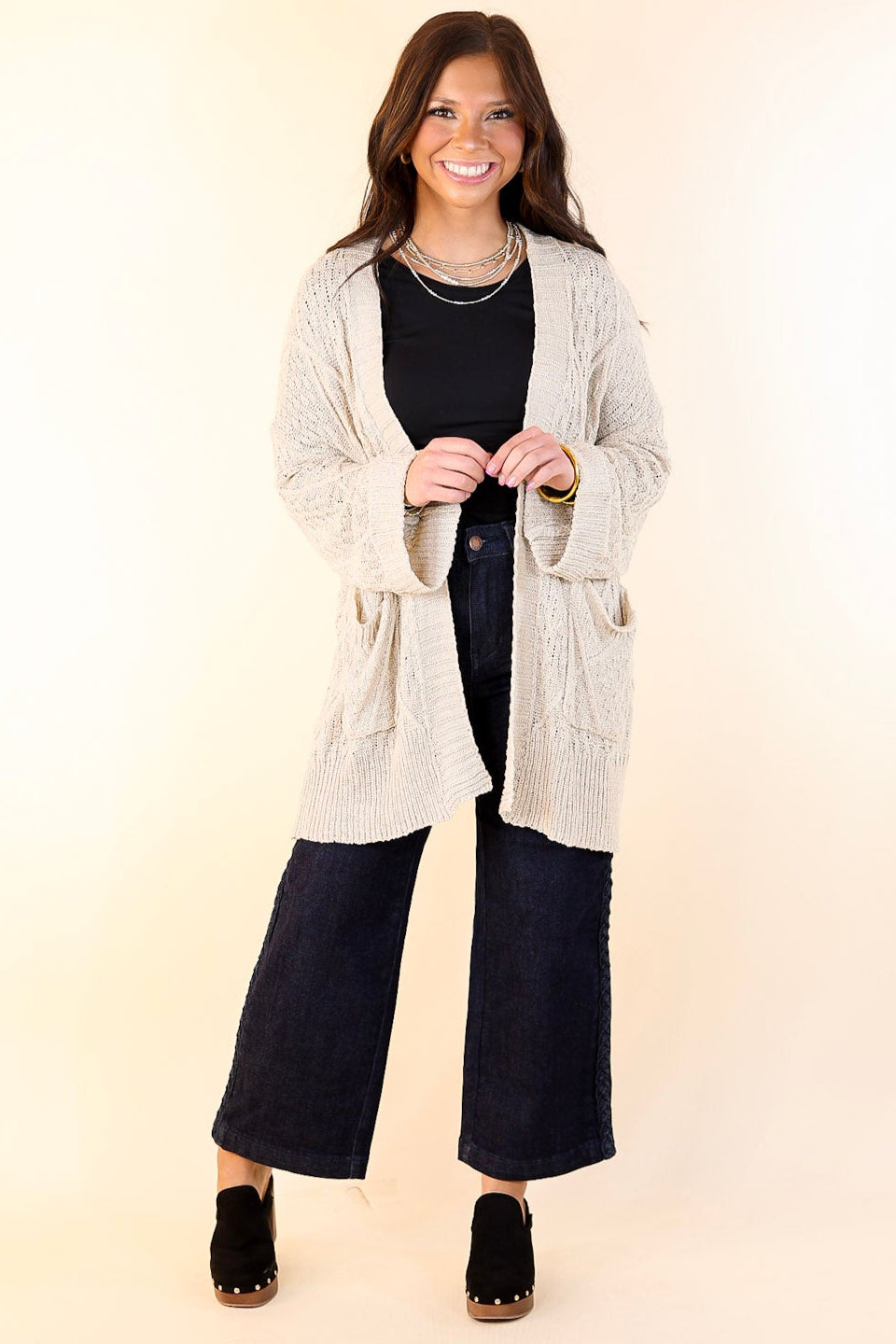 Fashionable Comfort Knit Cardigan with Pockets in Light Taupe