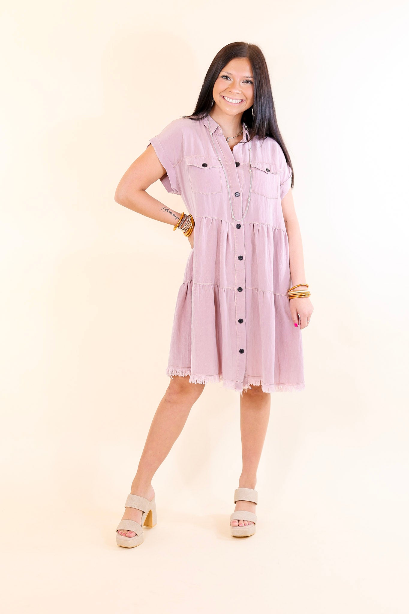 Oh Darling Ruffle Tiered Button Up Dress in Mauve Pink