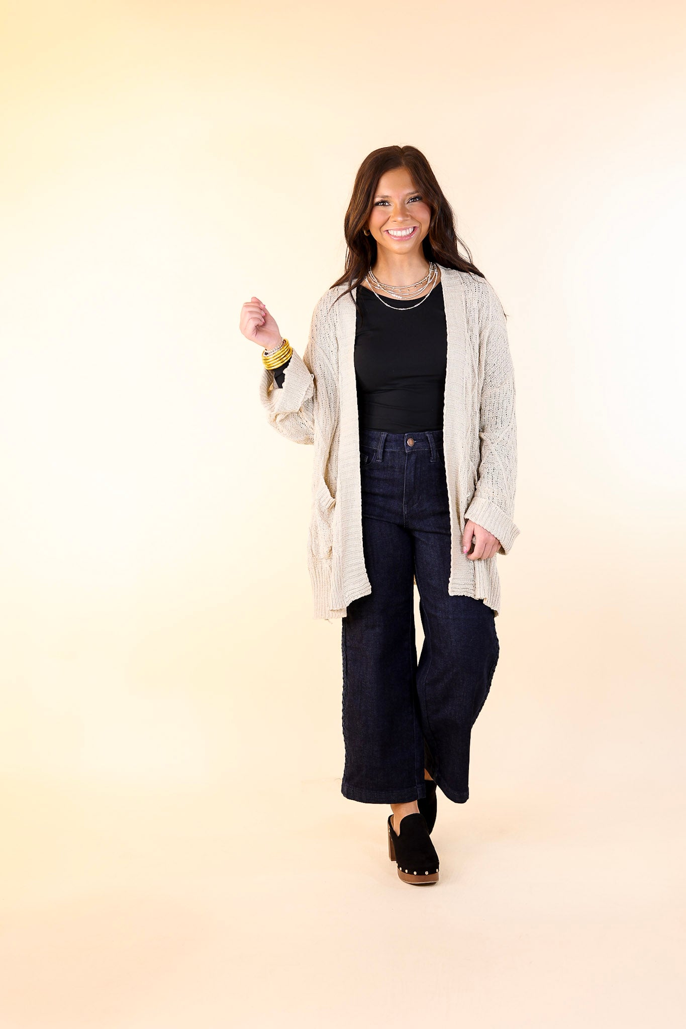 Fashionable Comfort Knit Cardigan with Pockets in Light Taupe