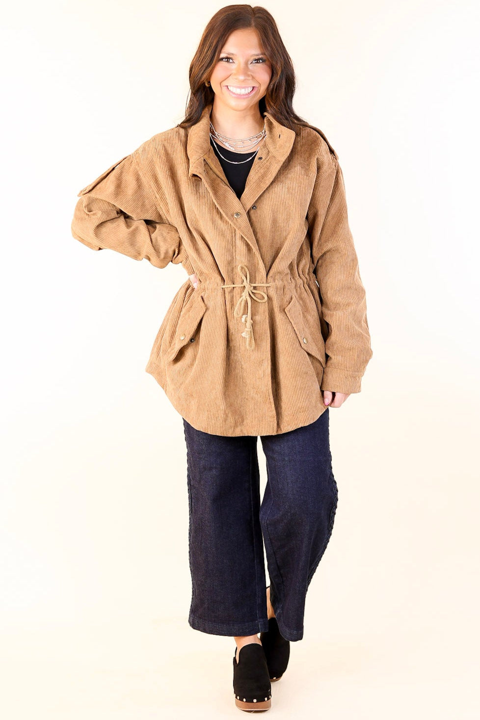 Warm Soul Corduroy Button and Zip Up Utility Jacket in Camel Brown