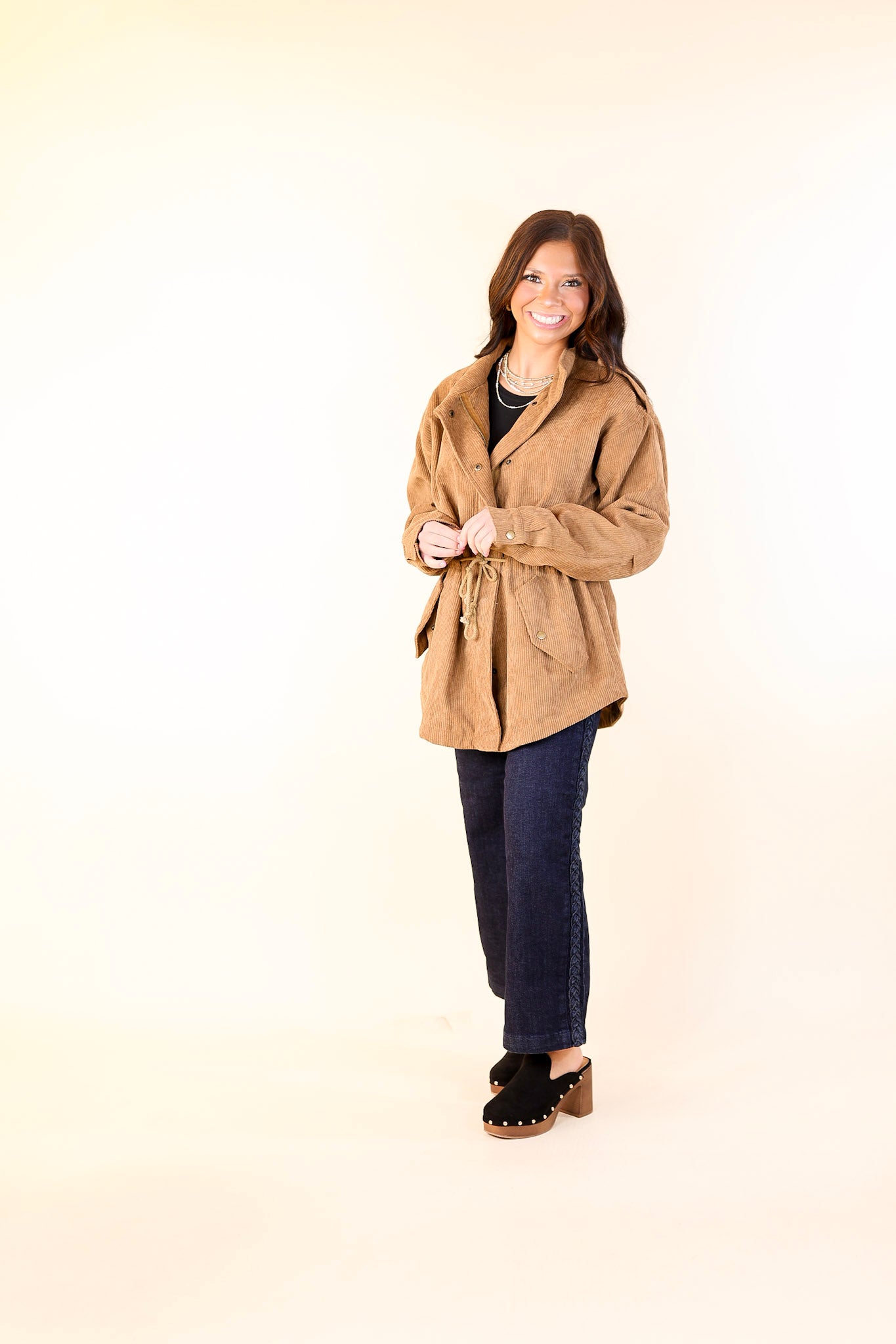 Warm Soul Corduroy Button and Zip Up Utility Jacket in Camel Brown