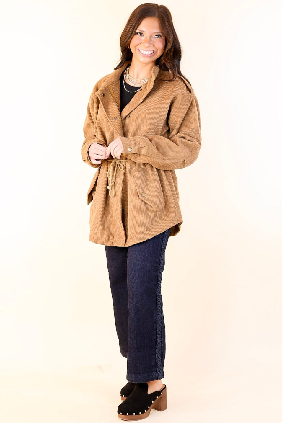 Warm Soul Corduroy Button and Zip Up Utility Jacket in Camel Brown