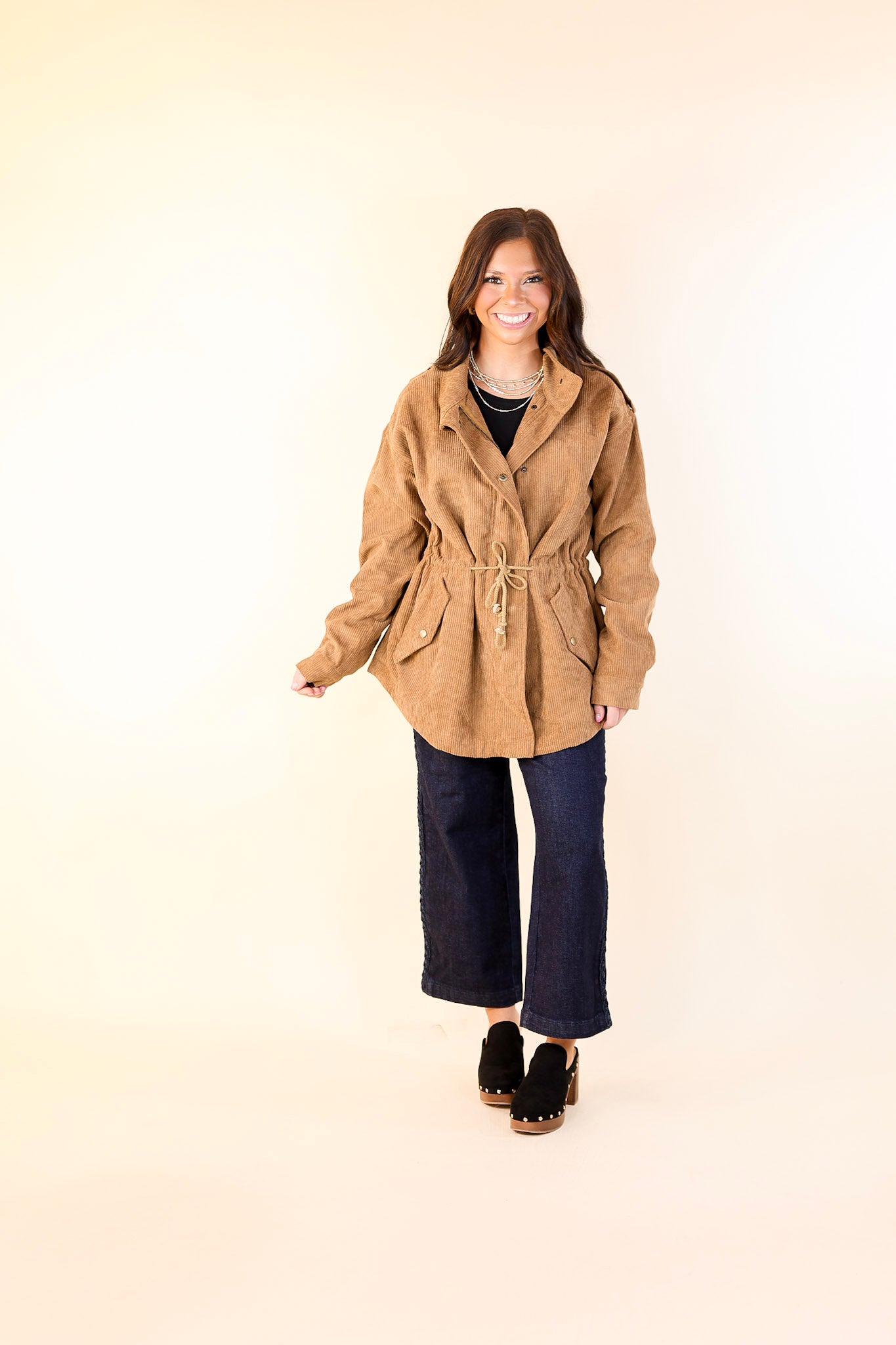 Warm Soul Corduroy Button and Zip Up Utility Jacket in Camel Brown