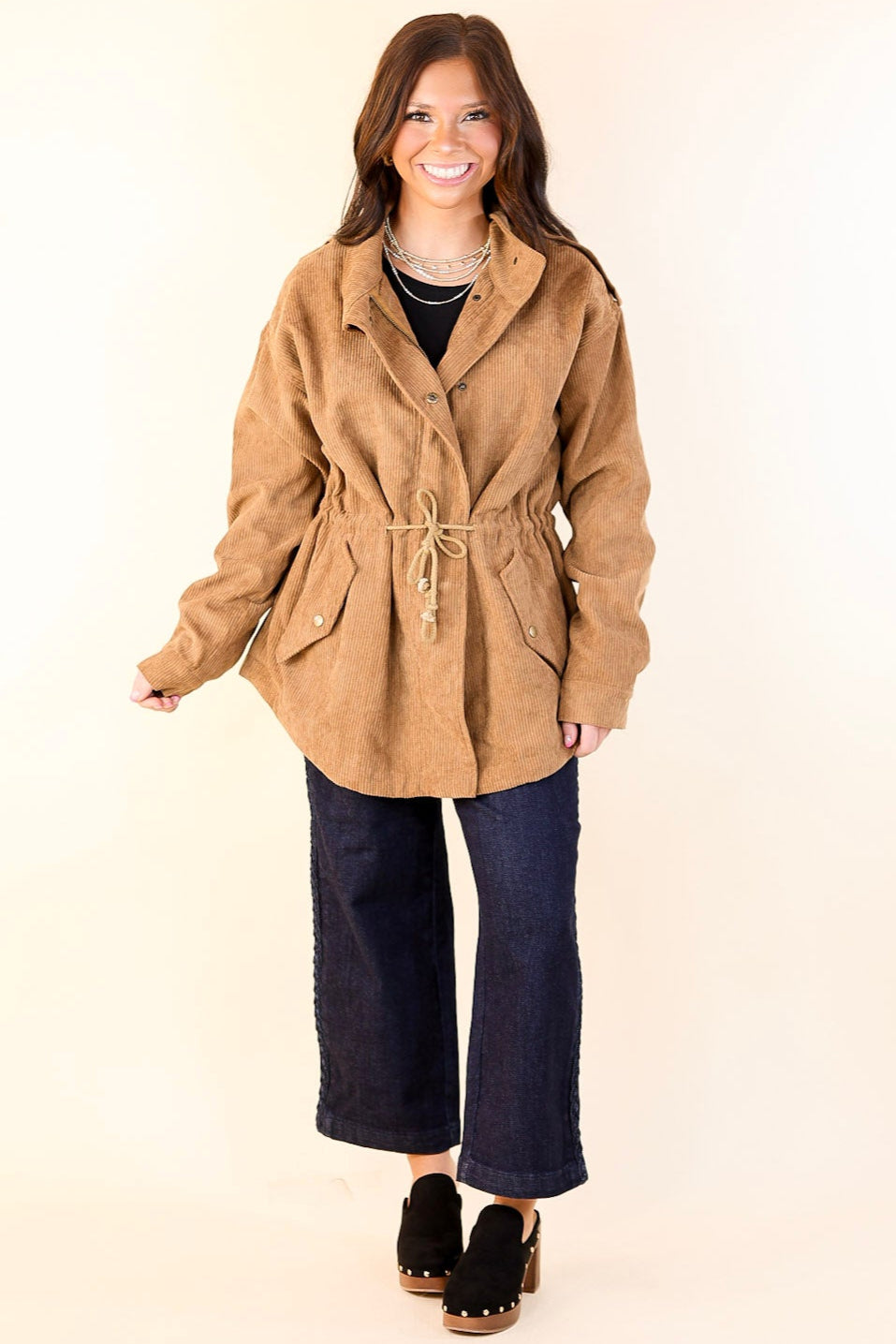 Warm Soul Corduroy Button and Zip Up Utility Jacket in Camel Brown