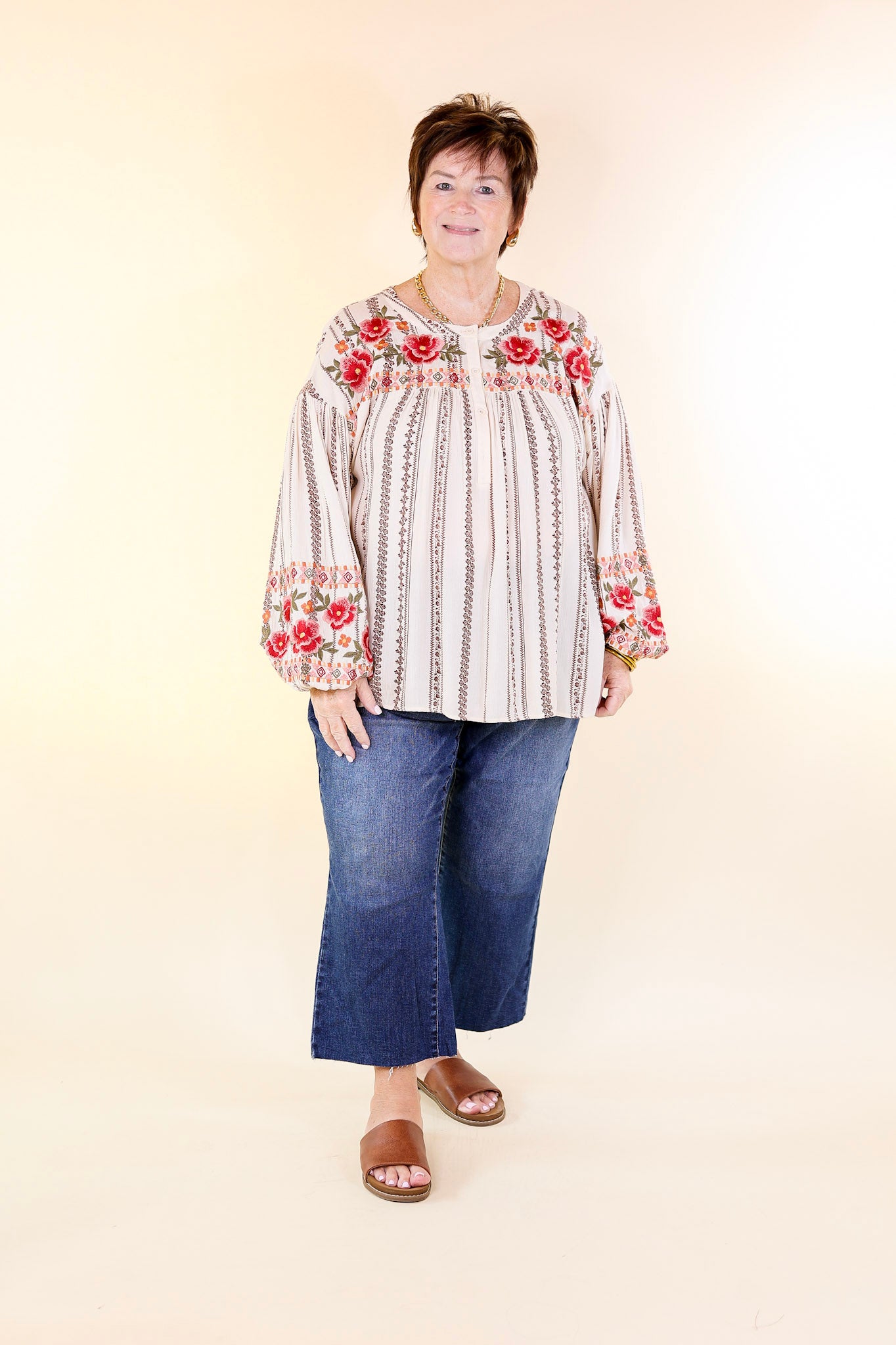 Savanna Jane | New Trails Long Sleeve Tribal Print Floral Embroidered Top in Cream