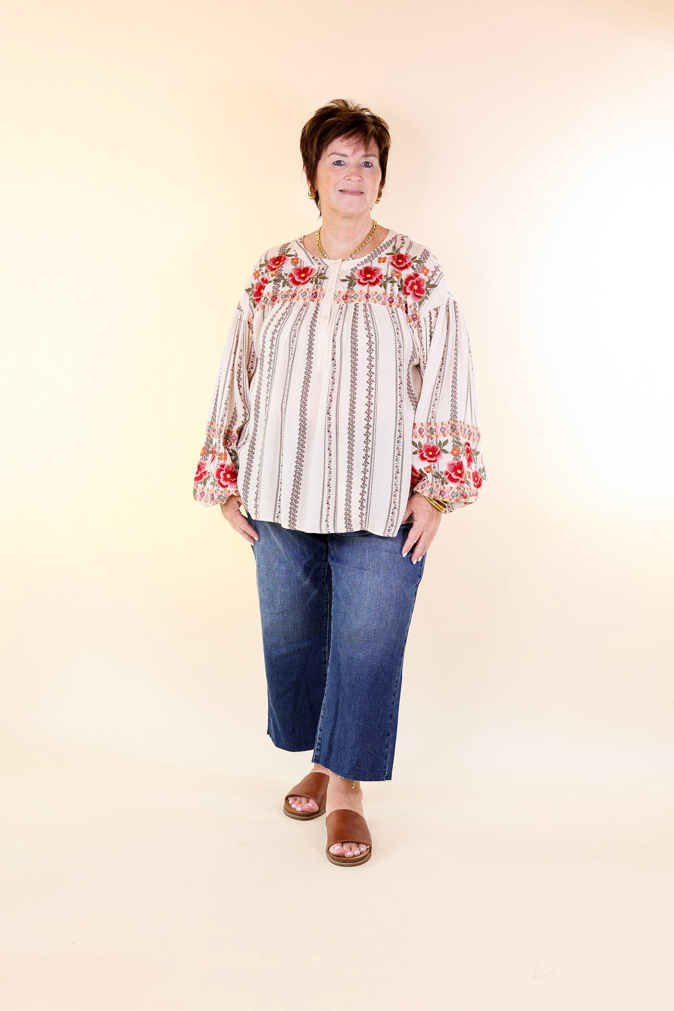 Savanna Jane | New Trails Long Sleeve Tribal Print Floral Embroidered Top in Cream