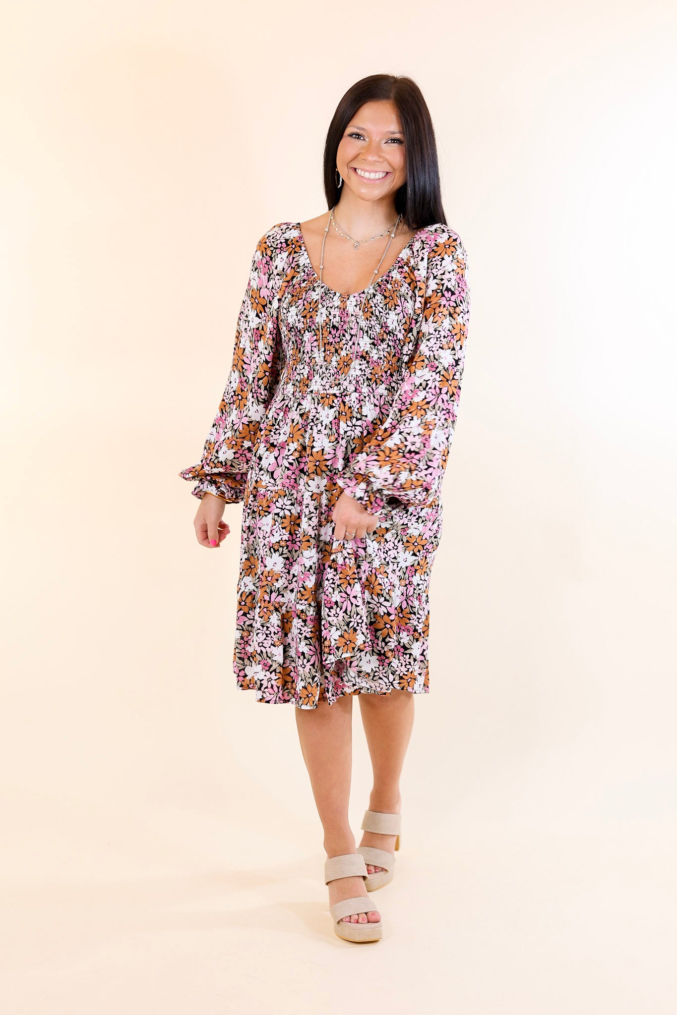 Day Cafe Smocked Bodice Floral Long Sleeve Dress in Light Pink and Rust