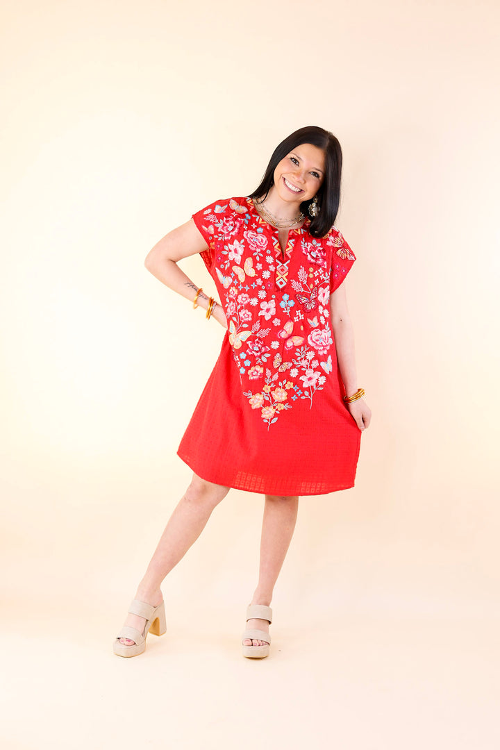 Lovely Feeling Floral Embroidered Dress with a Notched Neckline in Red - Giddy Up Glamour Boutique