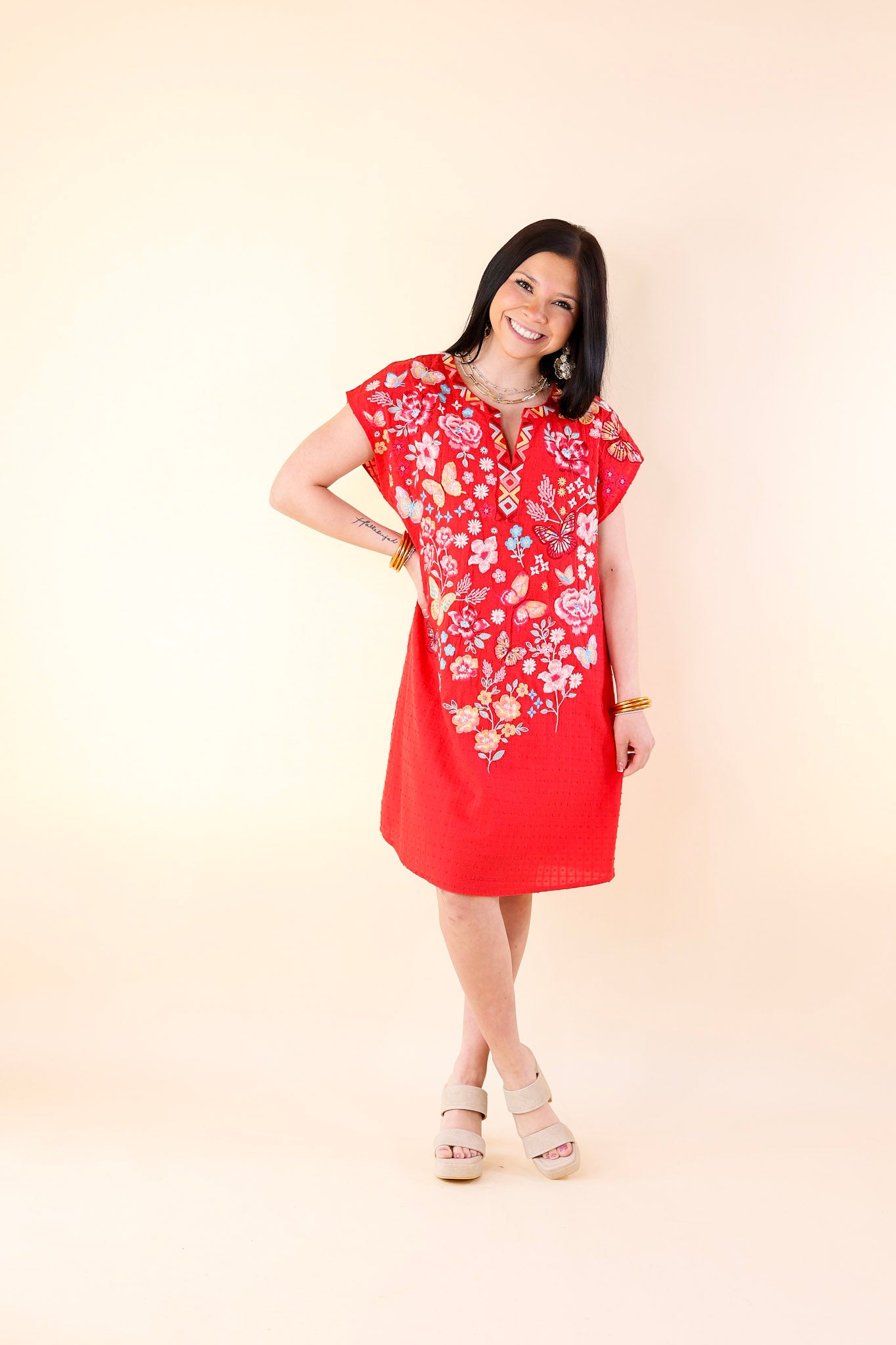 Lovely Feeling Floral Embroidered Dress with a Notched Neckline in Red - Giddy Up Glamour Boutique