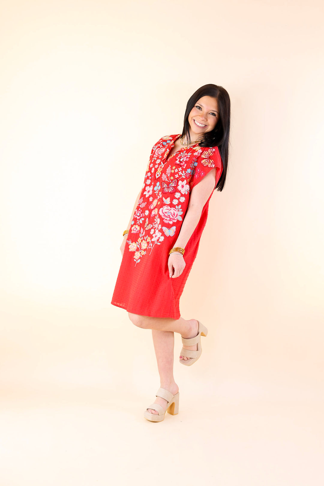 Lovely Feeling Floral Embroidered Dress with a Notched Neckline in Red - Giddy Up Glamour Boutique
