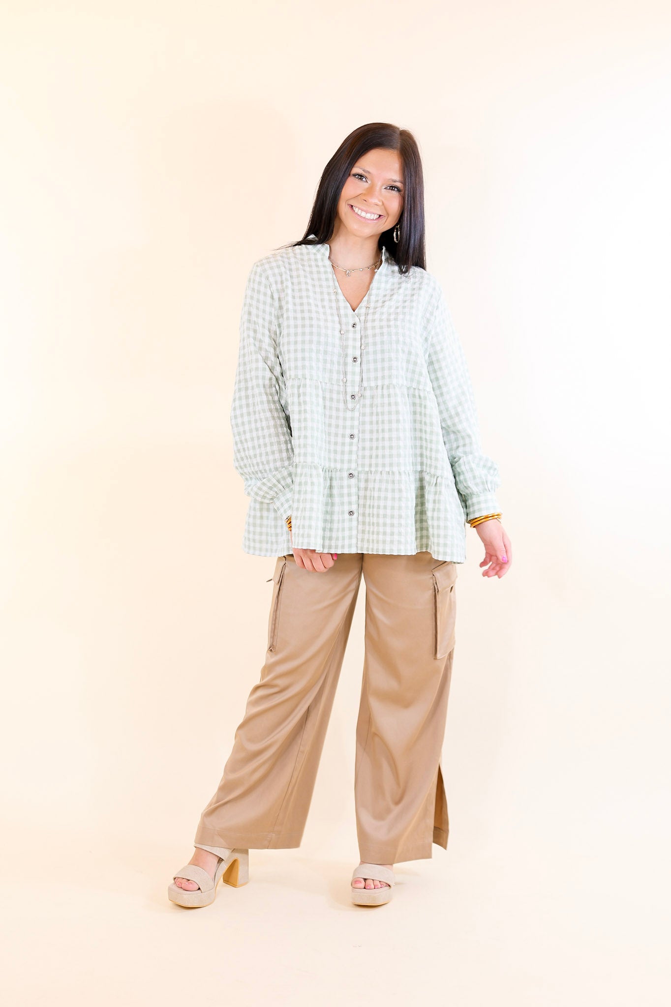 Wonderful Wishes Button Up Gingham Top with Long Sleeves in Sage Green