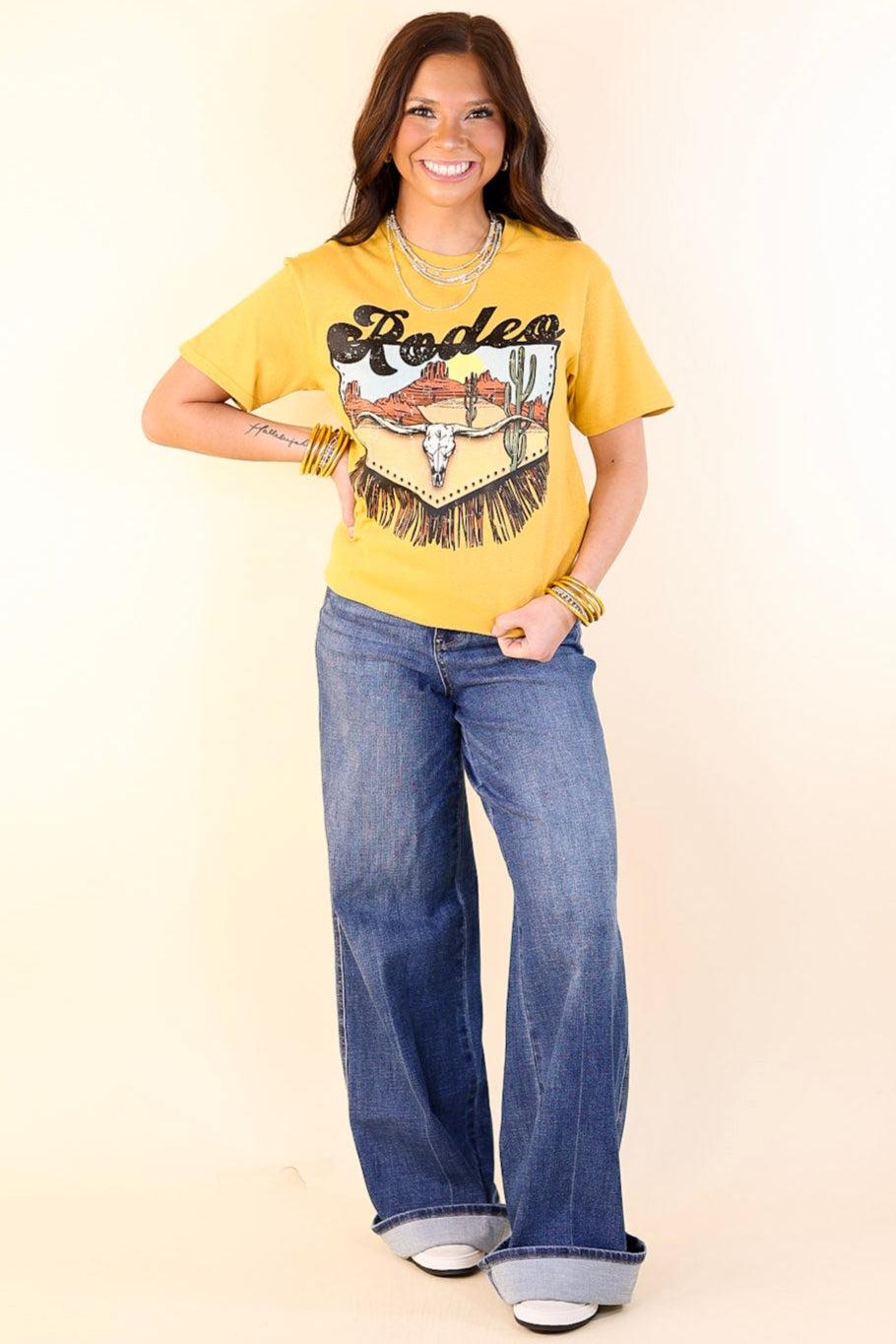 Rodeo Desert Fringe Design Short Sleeve Graphic Tee in Mustard Yellow