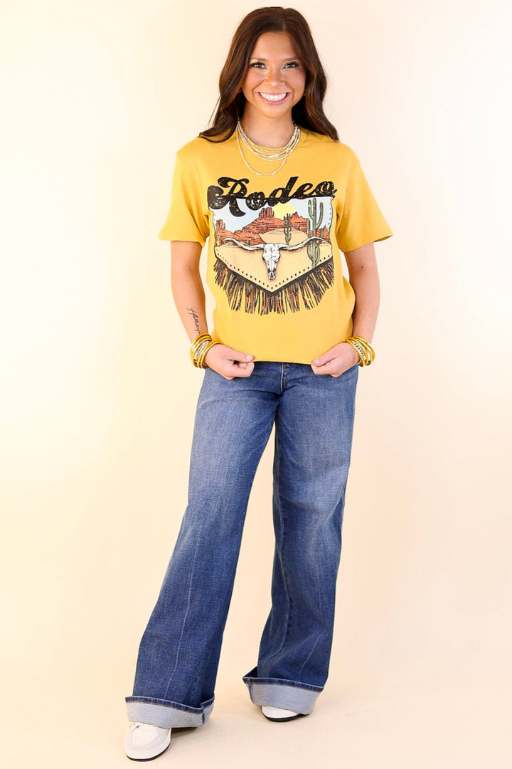 Rodeo Desert Fringe Design Short Sleeve Graphic Tee in Mustard Yellow