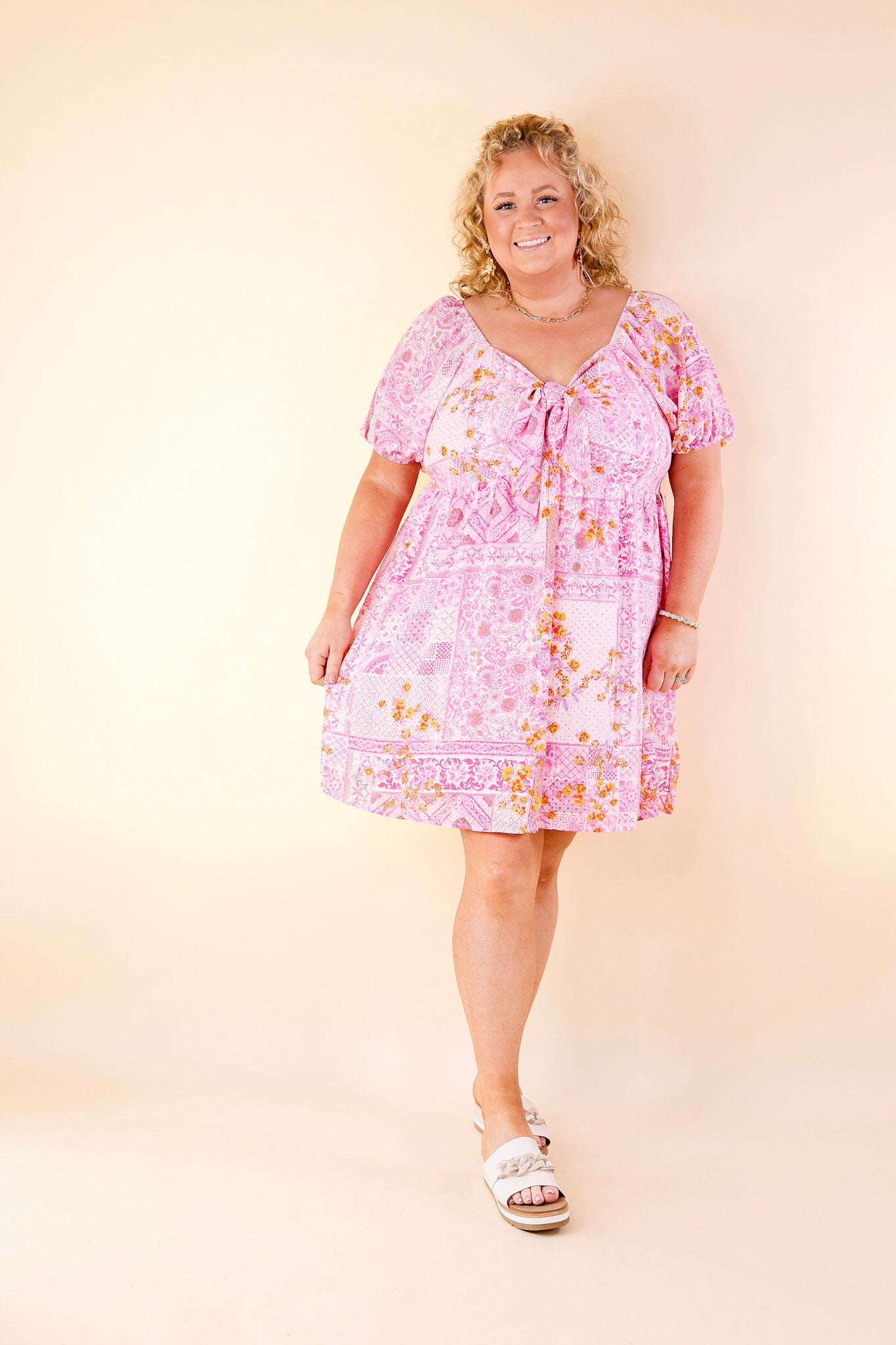 Down For Delight Floral Geometric Print Dress with Front Tie in Pink - Giddy Up Glamour Boutique