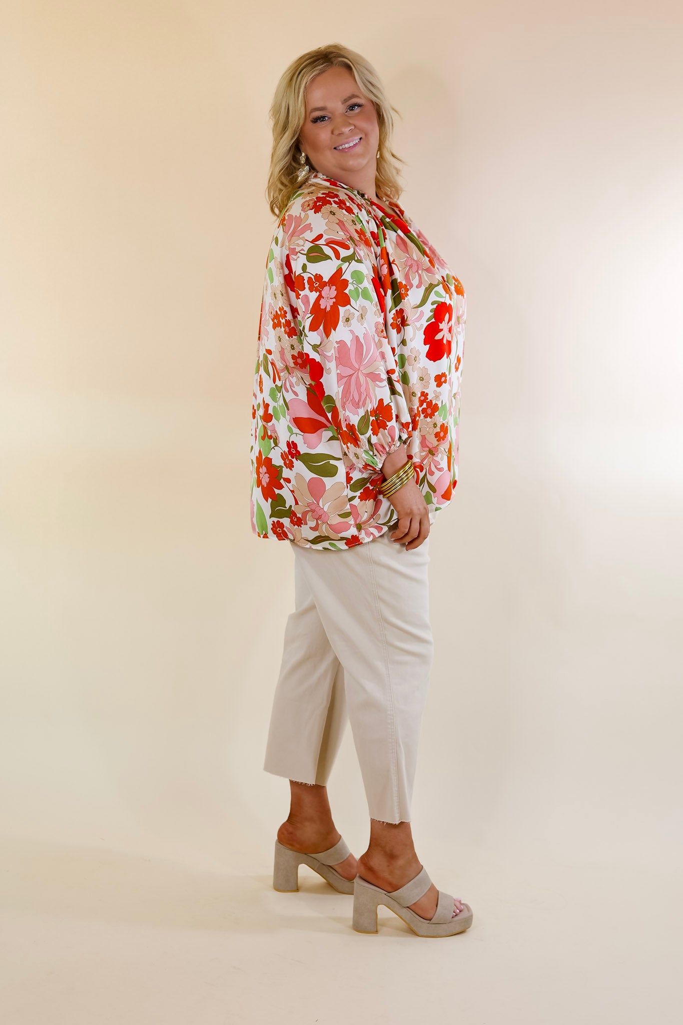 Falling For Floral 3/4 Sleeve Top with Notched Neck in White