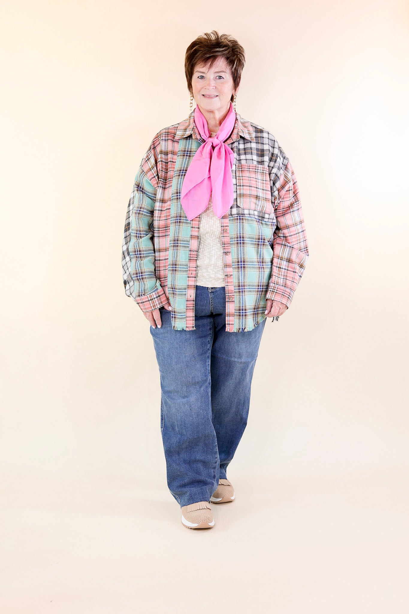 Casual Chats Color Block Plaid Flannel Top in Grey, Mint, and Pink