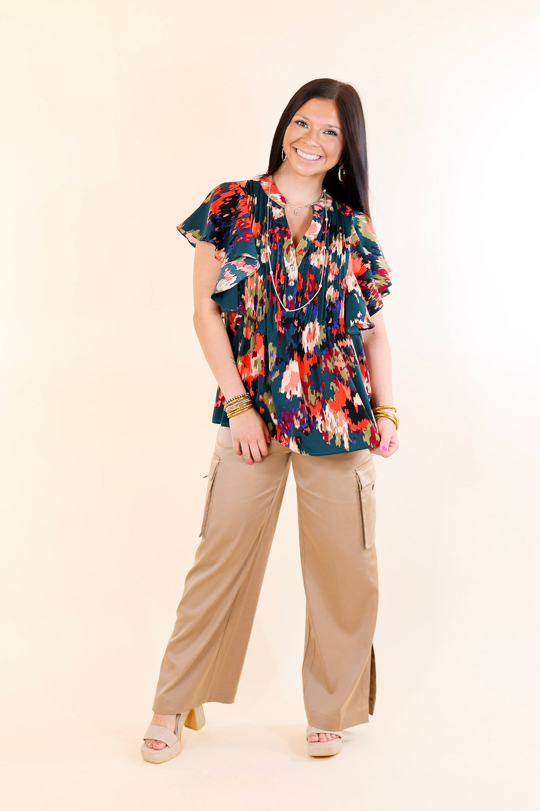 Last Chance Size Small and Large | Endless Charisma Short Sleeve Blouse in Dark Teal Green