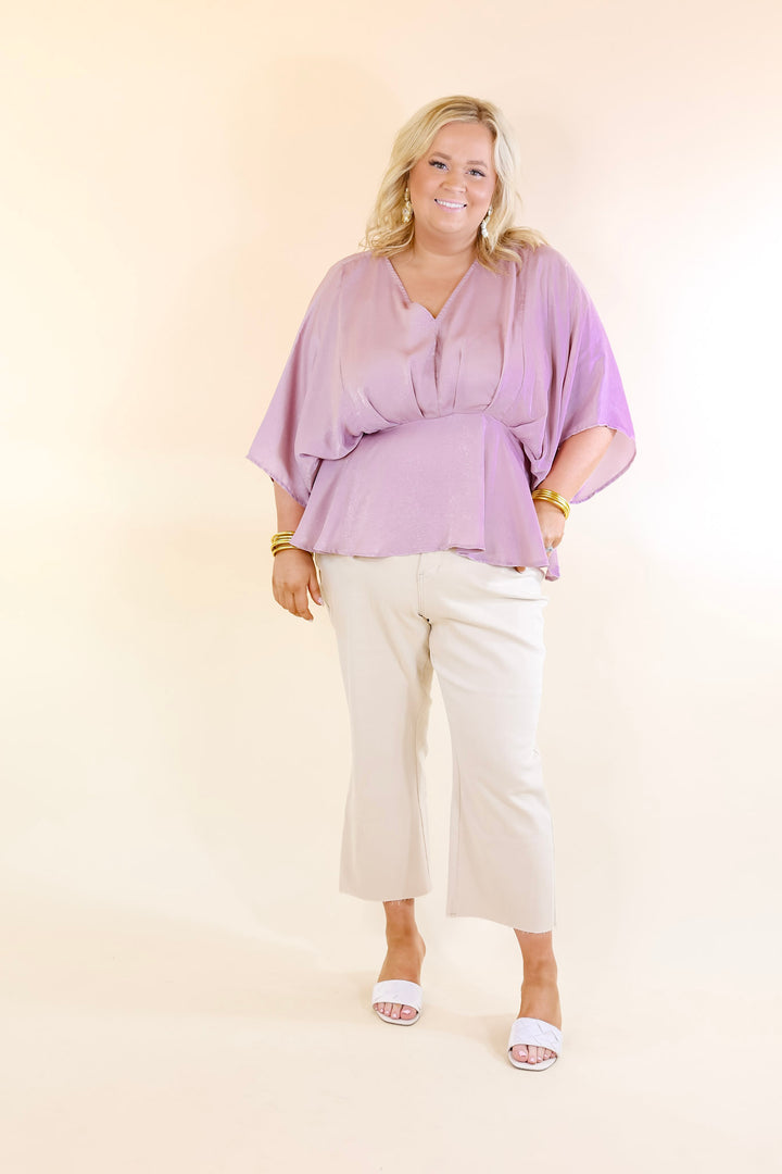 Hear the Music Drop Sleeve Satin V Neck Peplum Top in Dusty Lilac Purple