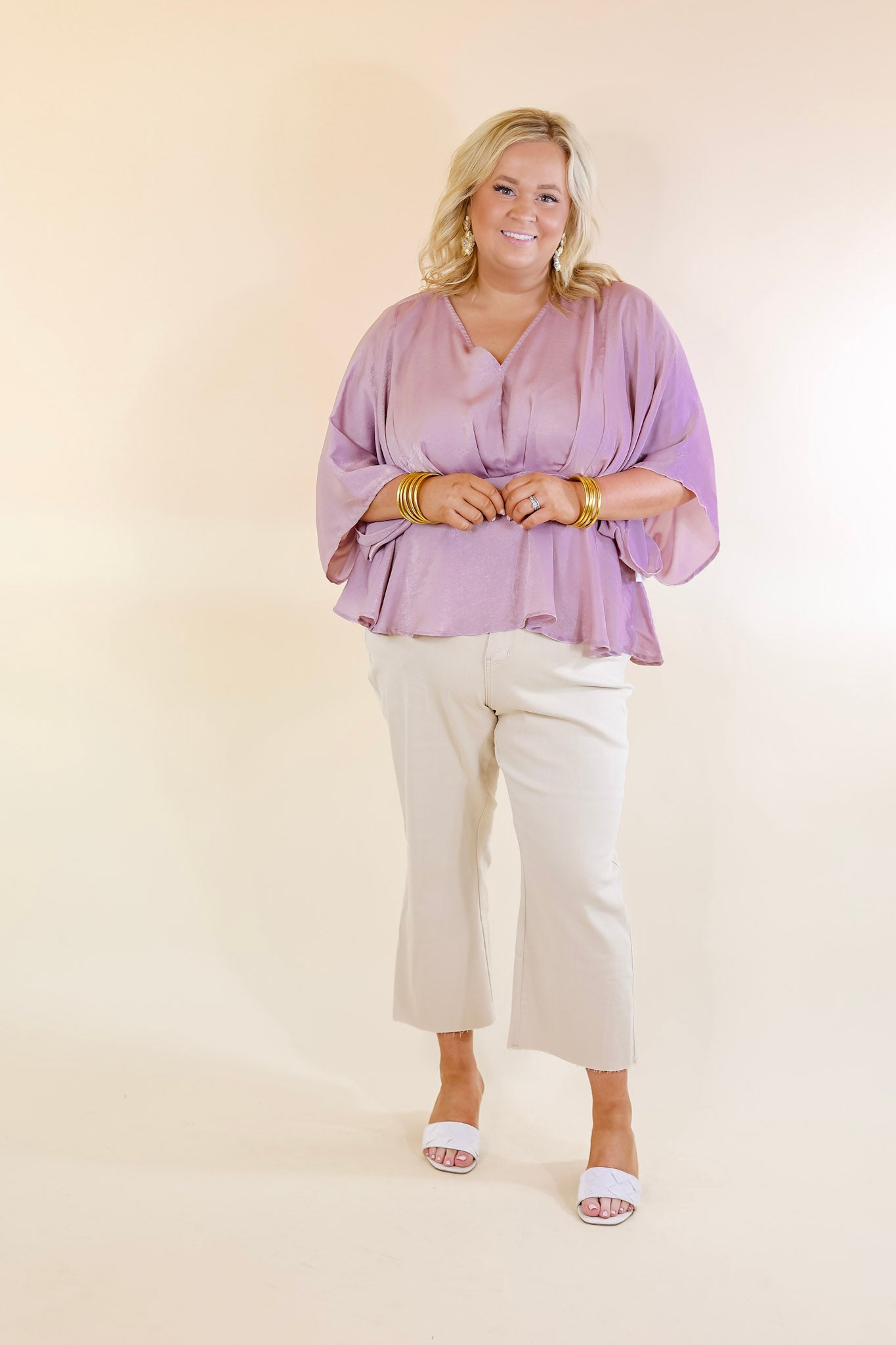 Hear the Music Drop Sleeve Satin V Neck Peplum Top in Dusty Lilac Purple