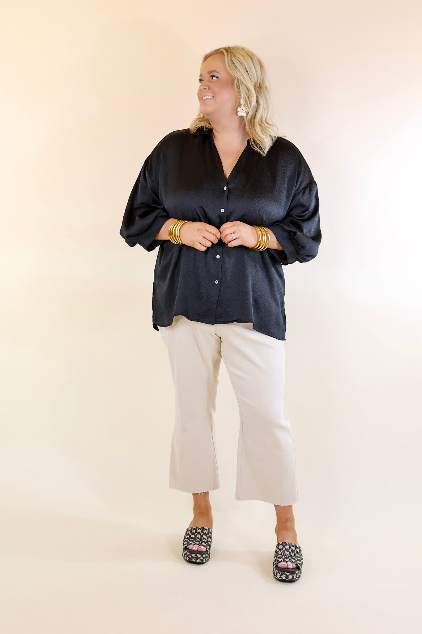 Sweet Notion Button Up 3/4 Balloon Sleeve Top in Black