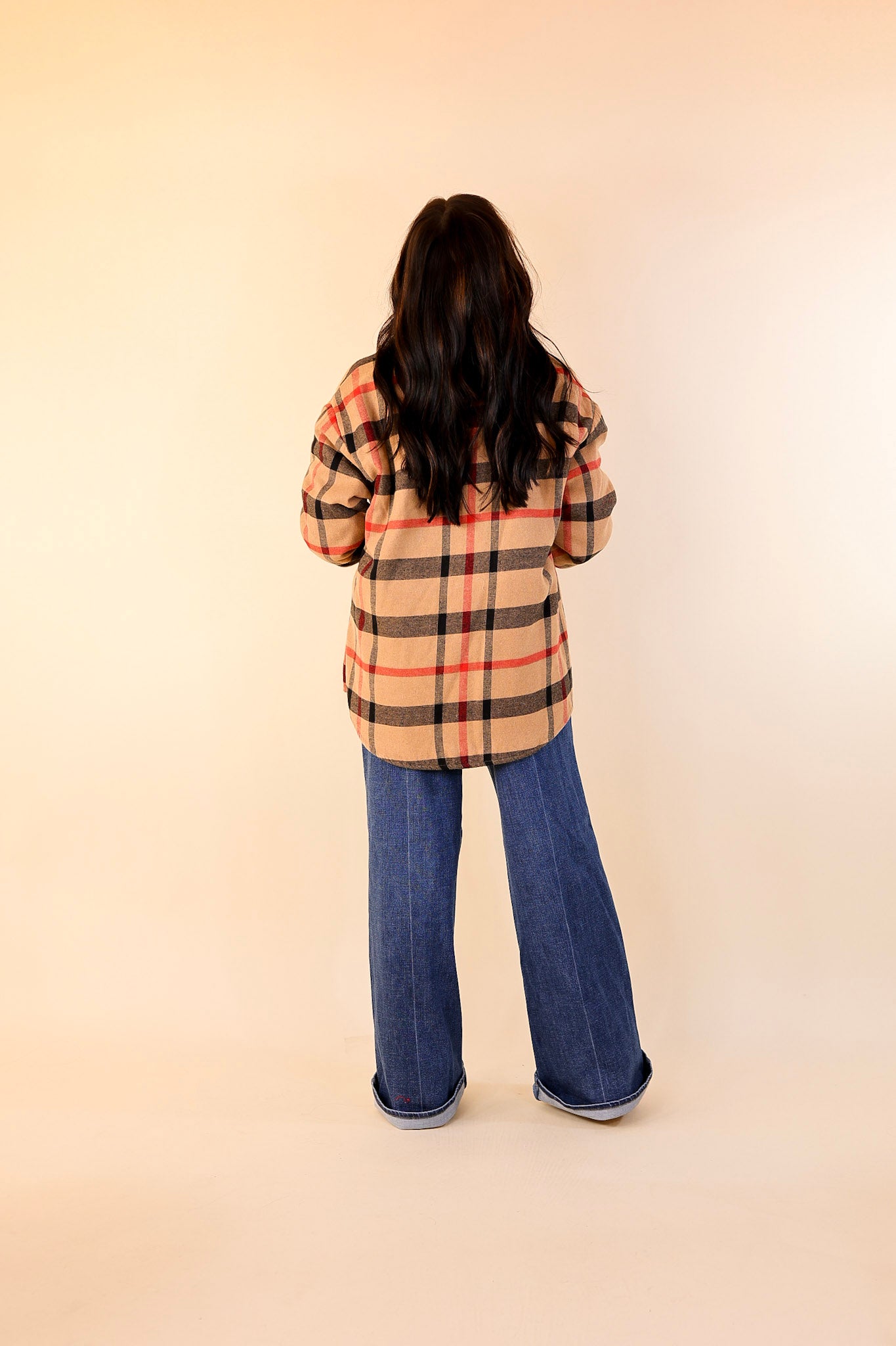 Soft and Dreamy Fur Lined Plaid Flannel Shacket in Tan