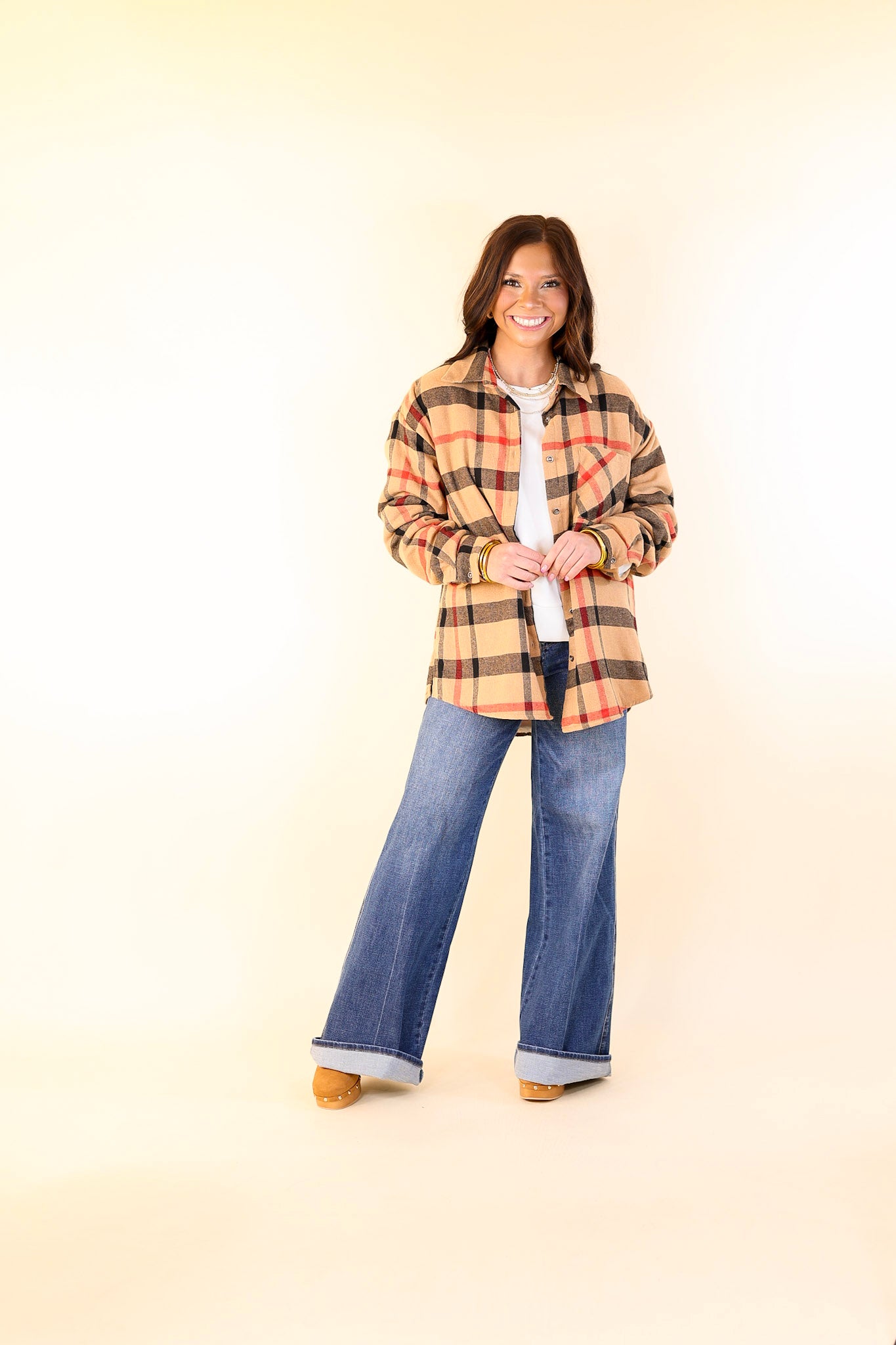 Soft and Dreamy Fur Lined Plaid Flannel Shacket in Tan