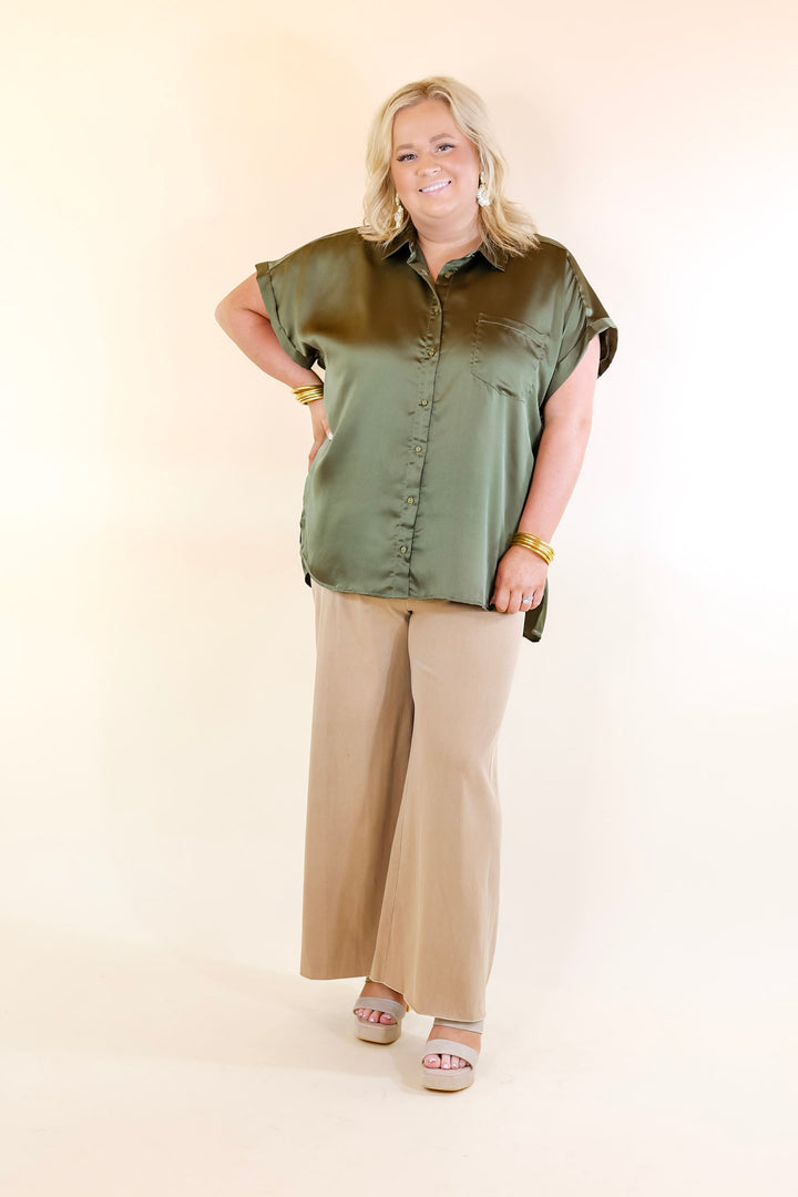 Free To Be Fab Button Up Short Sleeve Top in Olive Green
