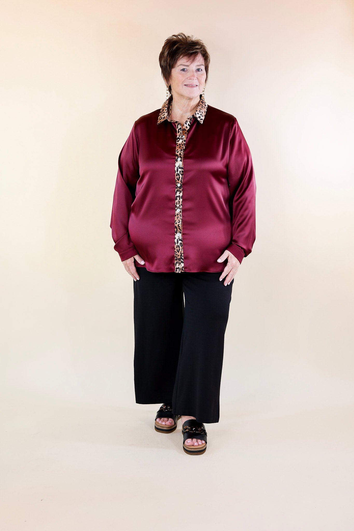 Sugar On Top Long Sleeve Button Up Satin Top with Leopard Print Trim in Maroon