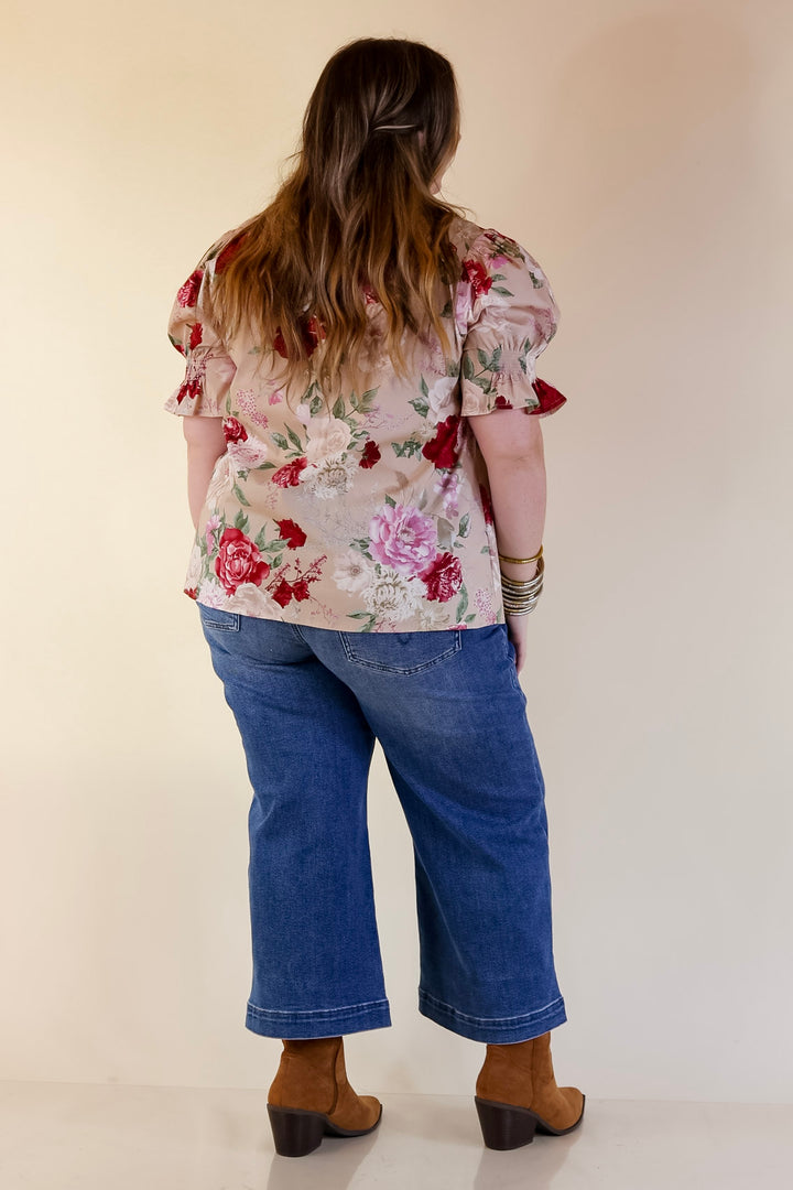 Freshly Picked Floral Print Top with Short Puff Sleeves in Beige