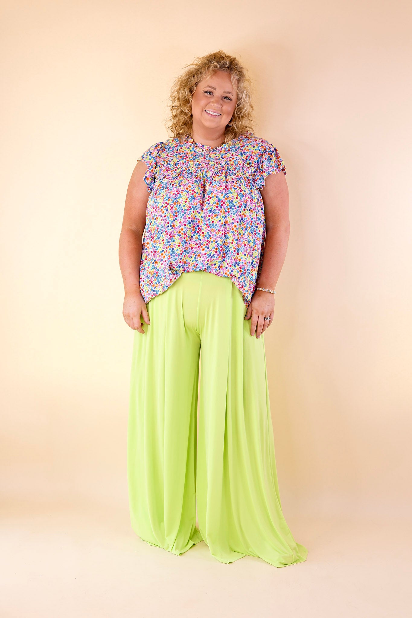 Plus Size | Urban Wonders Wide Leg Pants in Neon Lime - Giddy Up Glamour Boutique