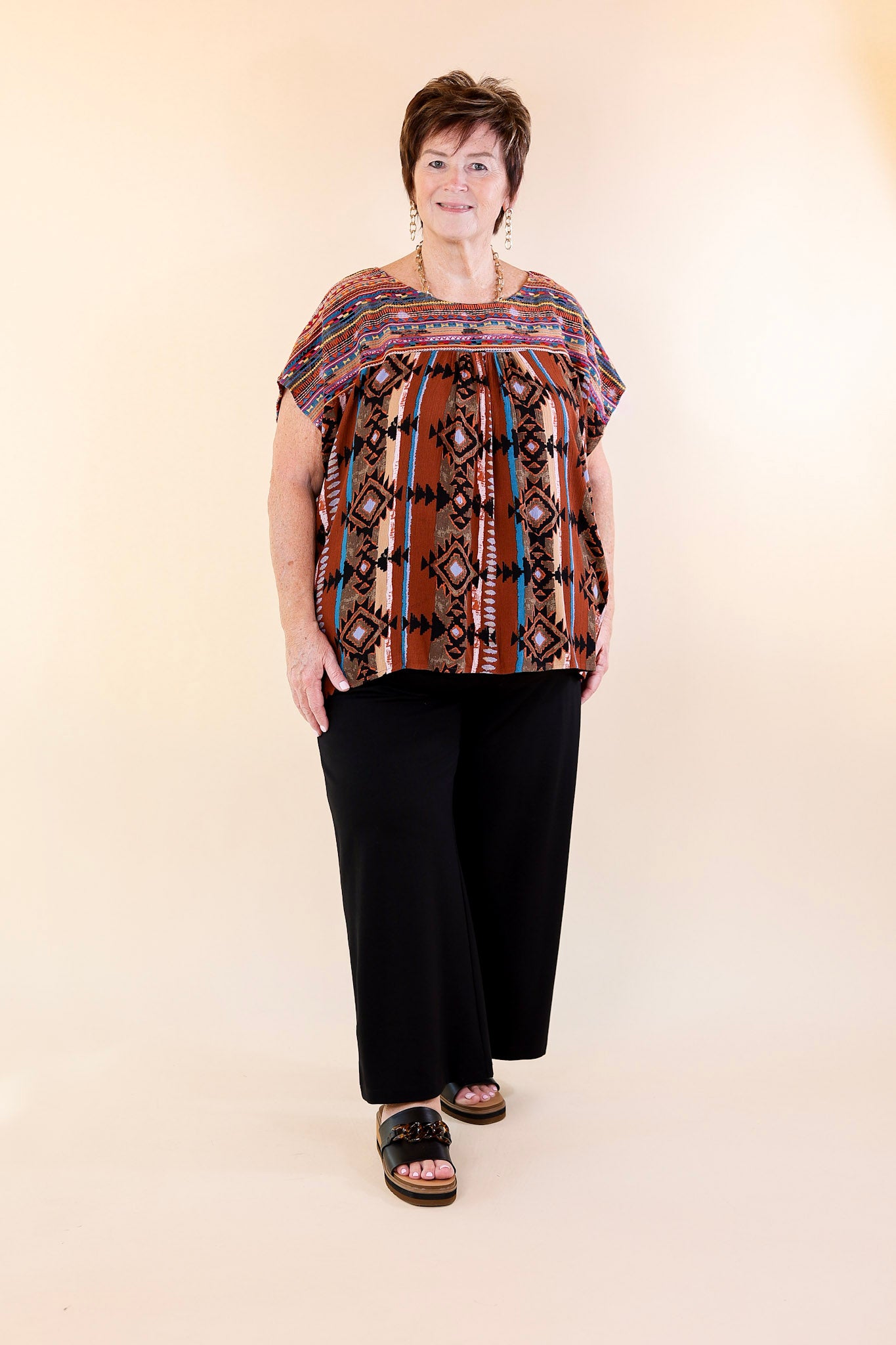 Colors Of The West Aztec Print Embroidered Cap Sleeve Top in Brown