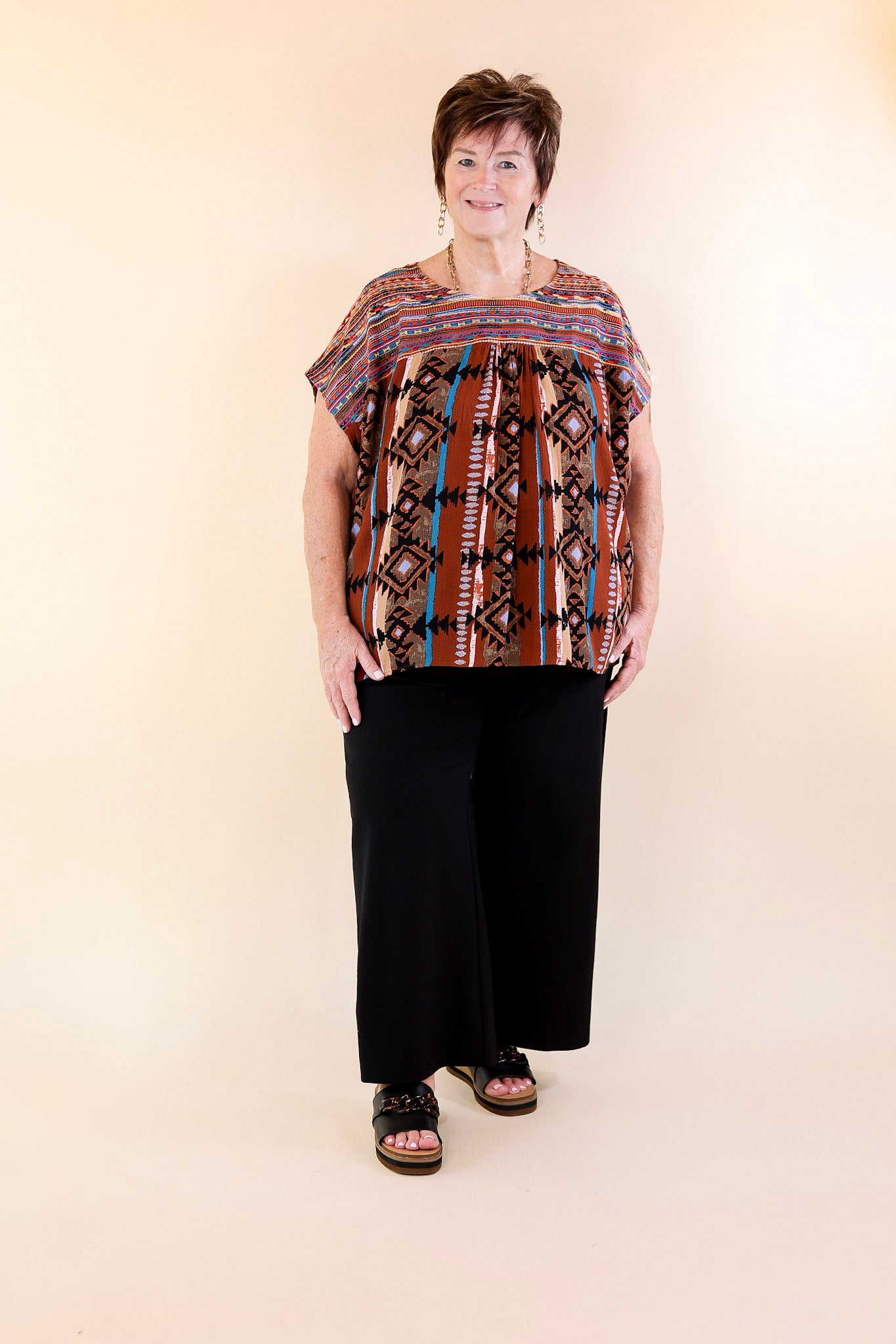 Colors Of The West Aztec Print Embroidered Cap Sleeve Top in Brown