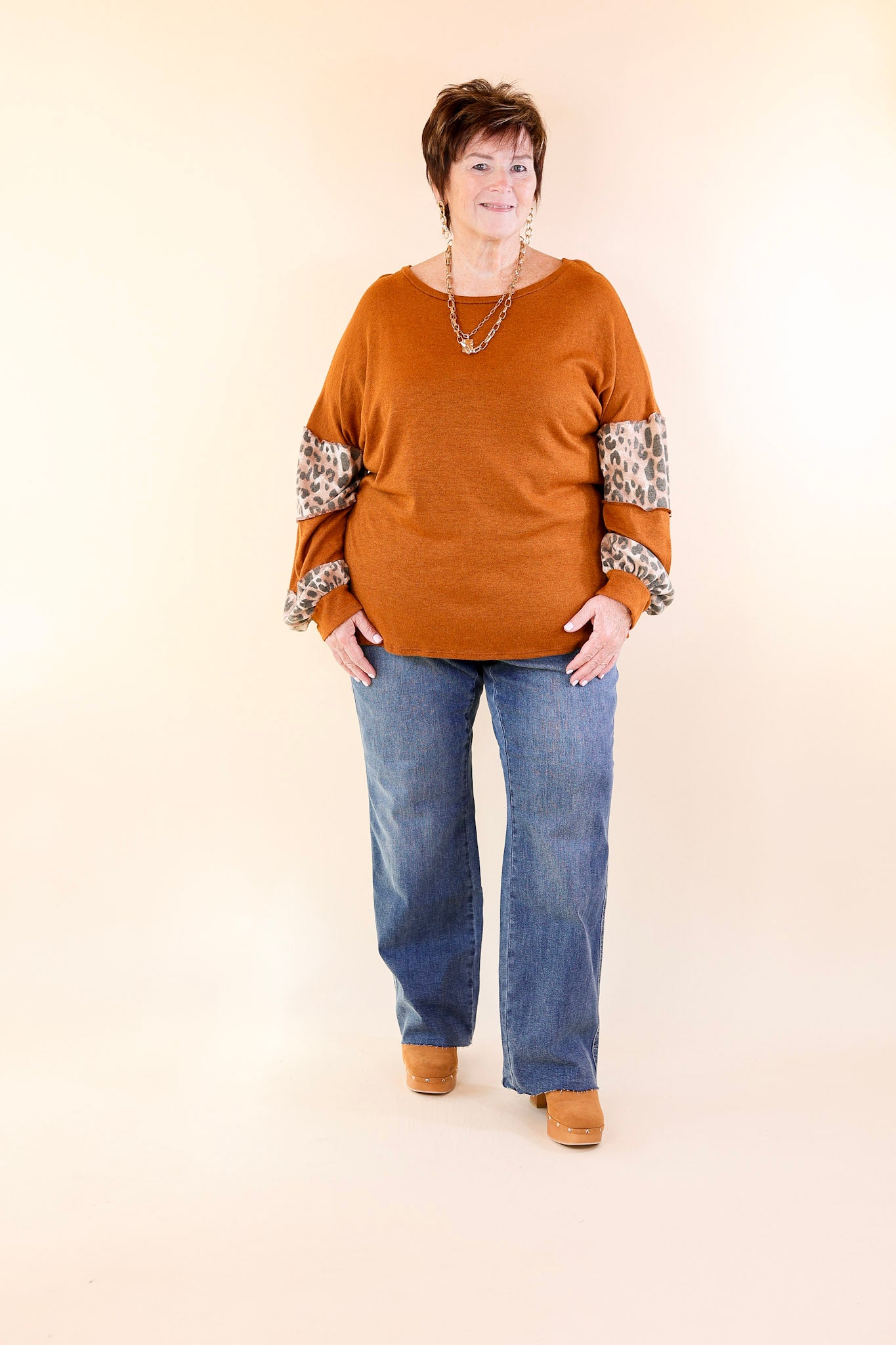 Double The Fun Long Sleeve Leopard Print Block Top in Burnt Orange