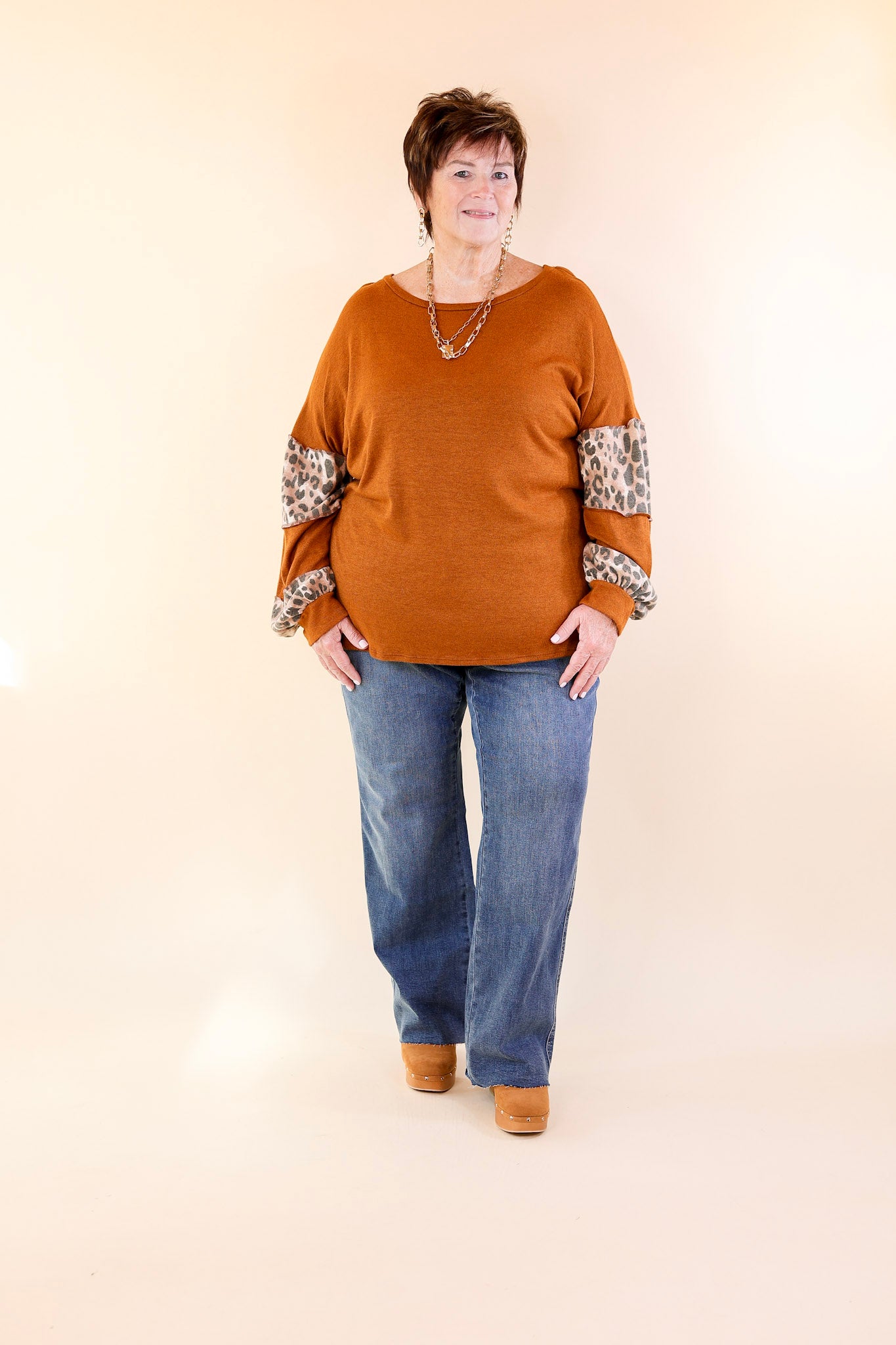 Double The Fun Long Sleeve Leopard Print Block Top in Burnt Orange