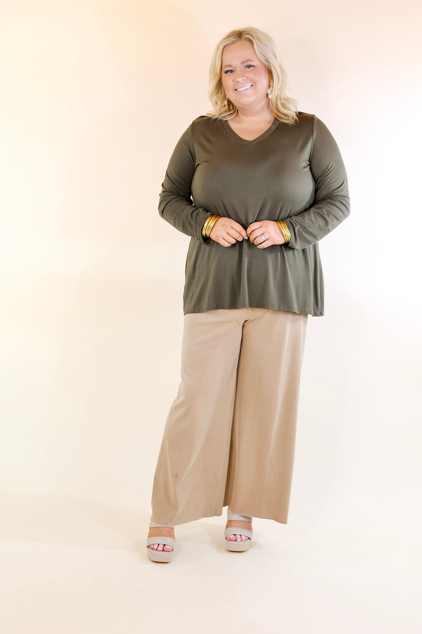 Plus Size | It's That Simple Solid V Neck Long Sleeve Tee in Olive Green