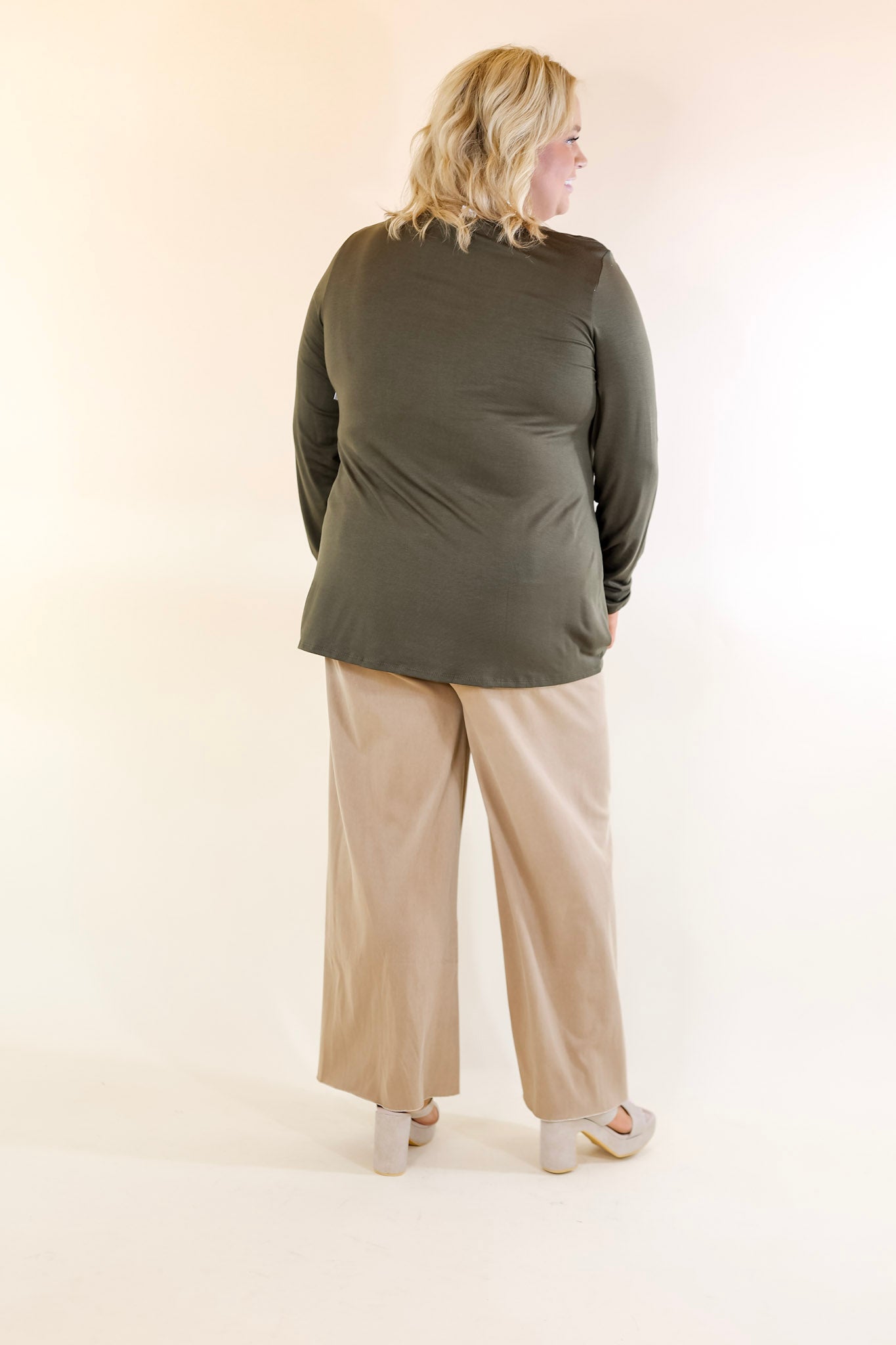 Plus Size | It's That Simple Solid V Neck Long Sleeve Tee in Olive Green