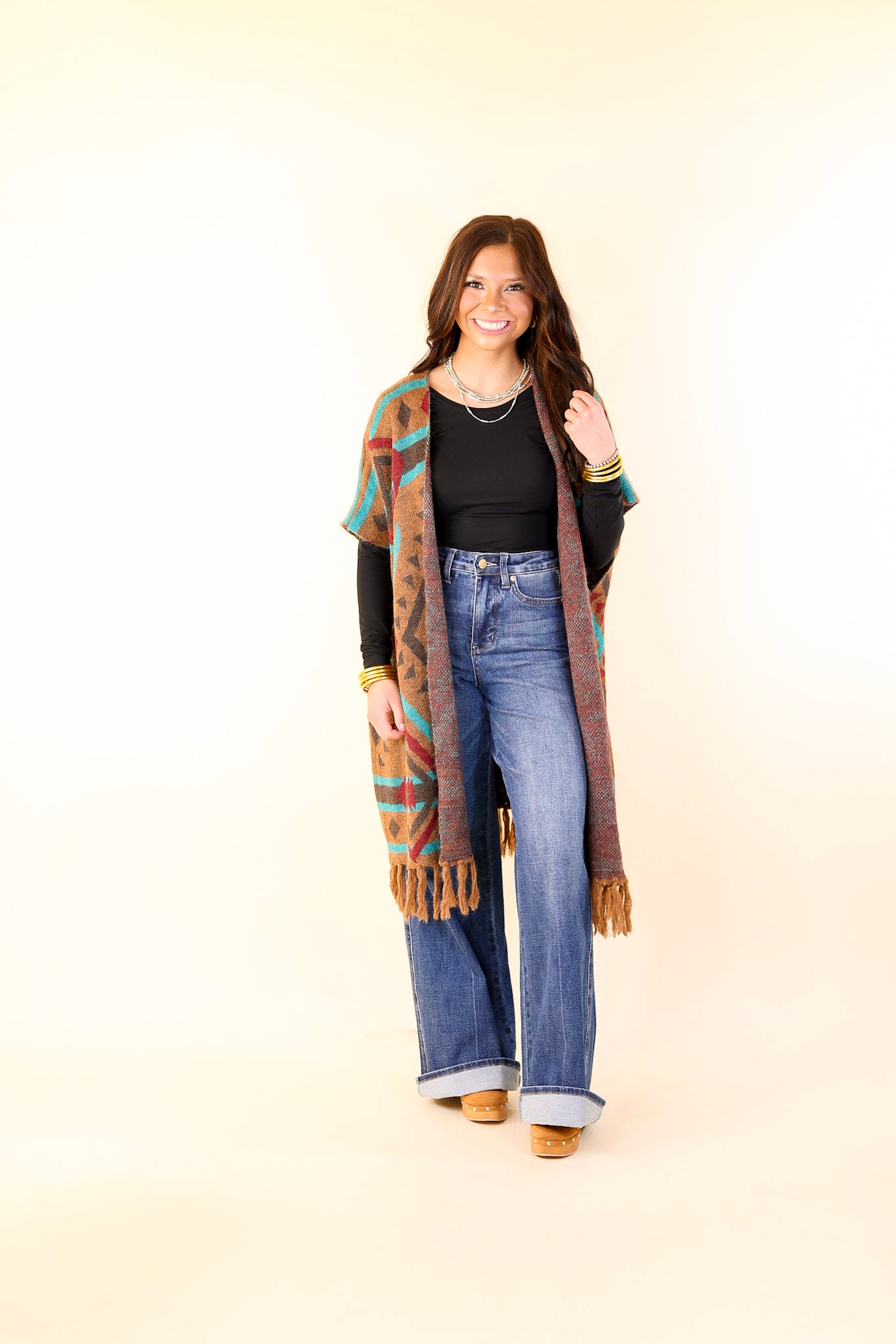 South Texas Sunset Aztec Print Wrap Poncho Vest in Turquoise and Camel