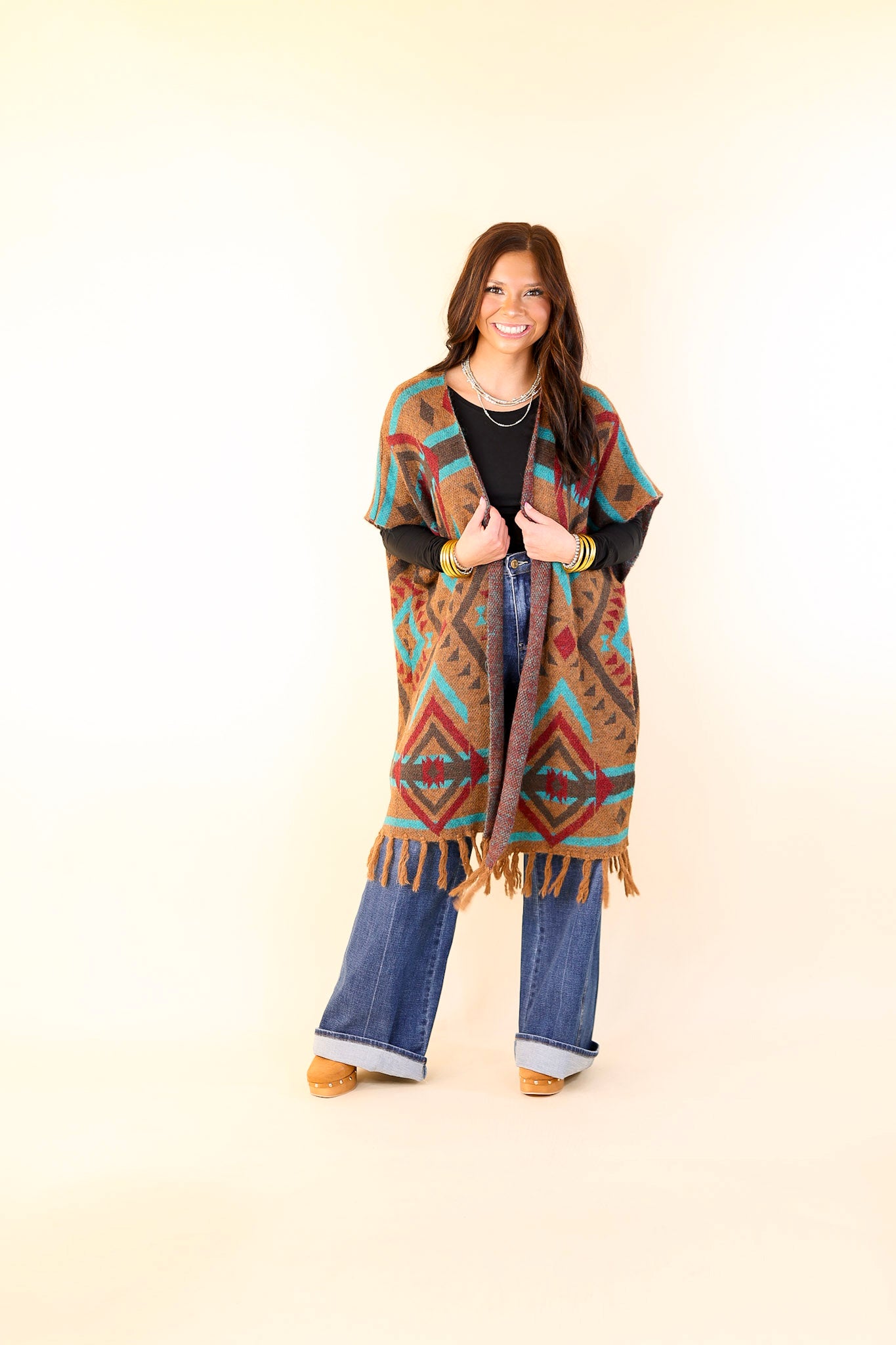 South Texas Sunset Aztec Print Wrap Poncho Vest in Turquoise and Camel