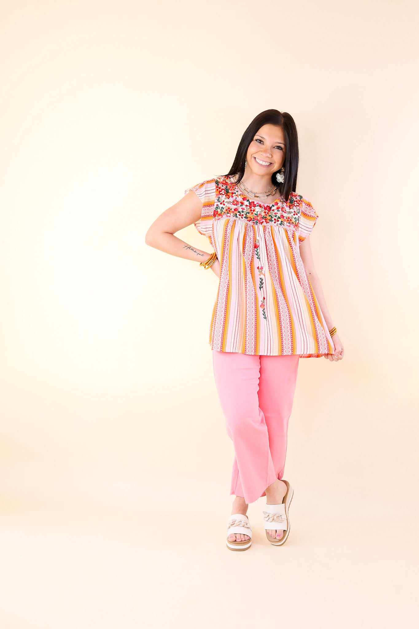 Lajitas Lady Striped Babydoll Top with Floral Embroidery in Orange and Pink - Giddy Up Glamour Boutique