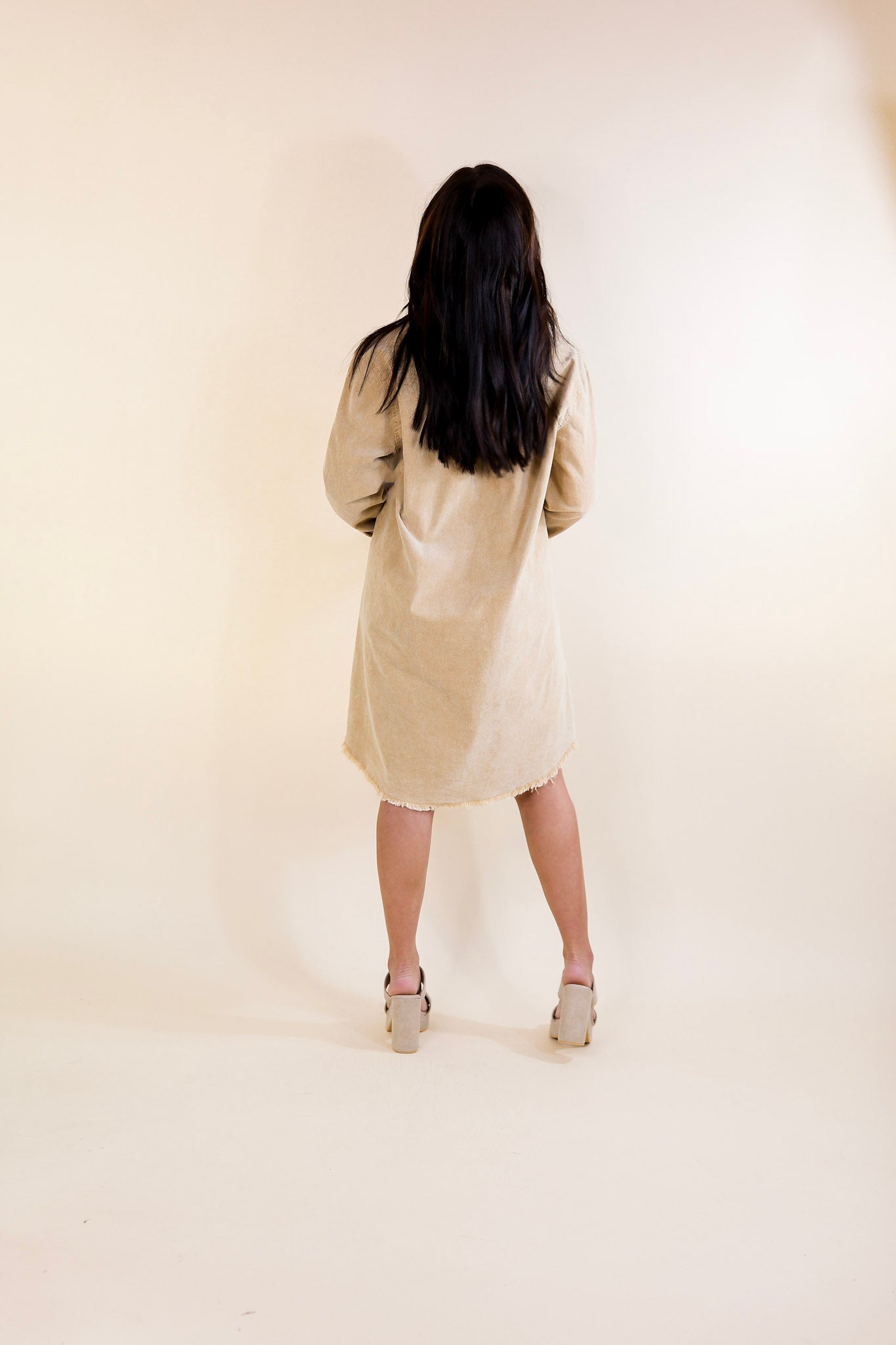 Patio Date Button Up Long Sleeve Corduroy Dress in Tan