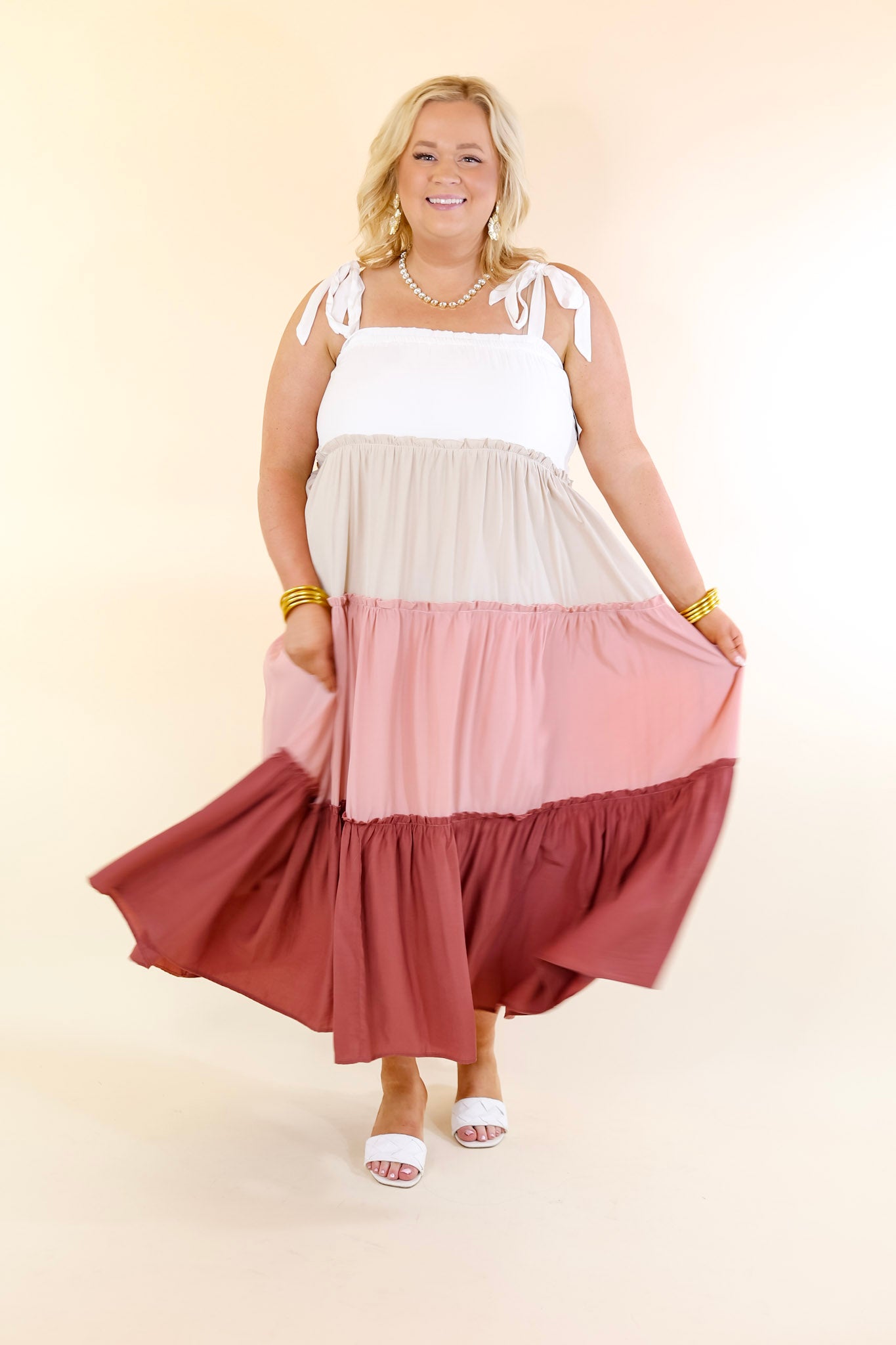 Weekend in Capri Tiered Maxi Dress with Adjustable Tie Straps in Mauve Mix