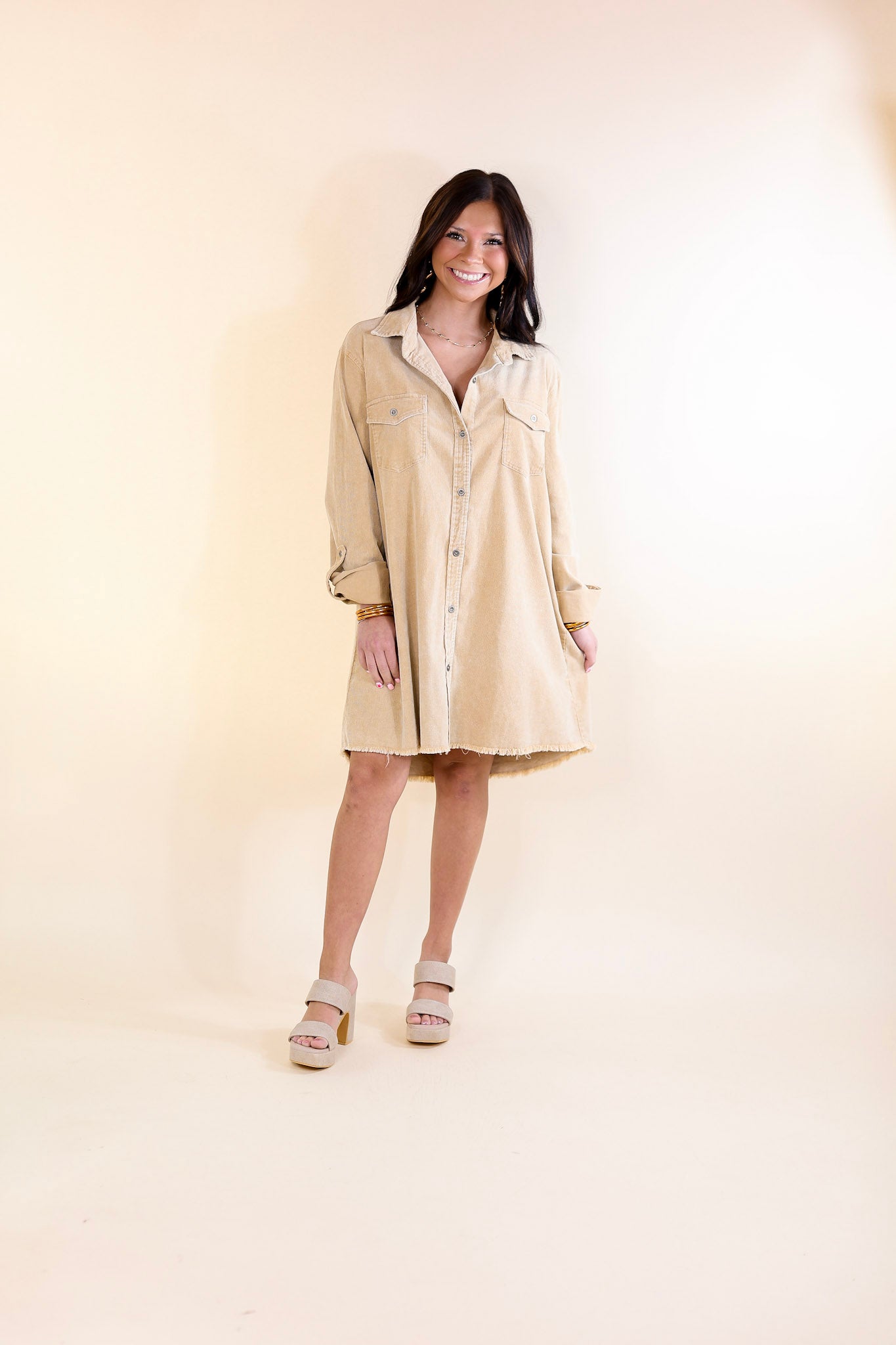 Patio Date Button Up Long Sleeve Corduroy Dress in Tan