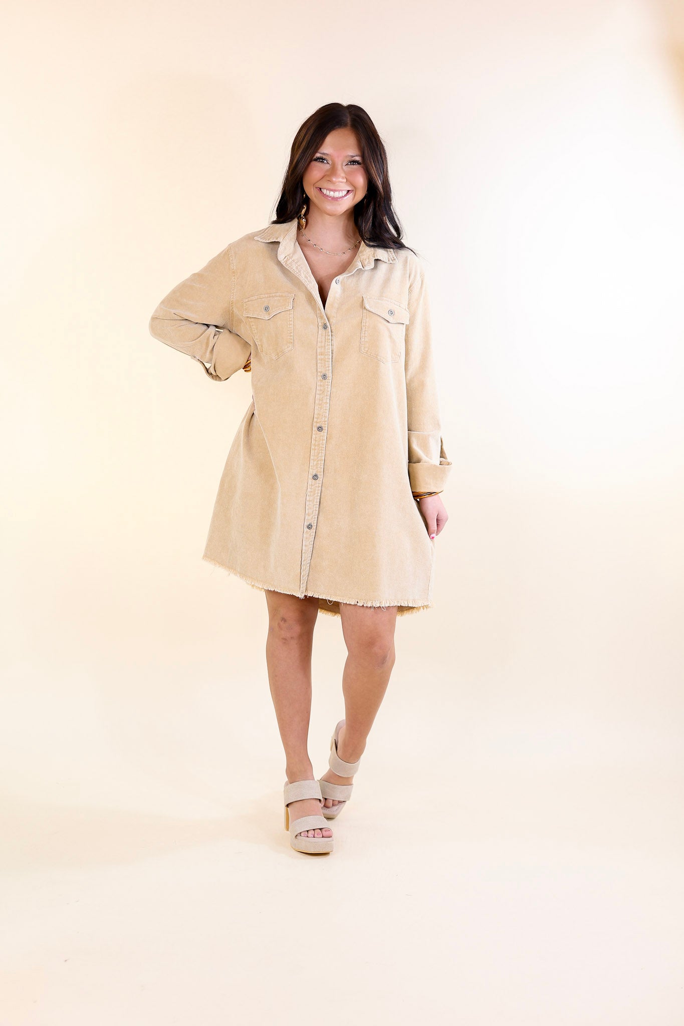 Patio Date Button Up Long Sleeve Corduroy Dress in Tan