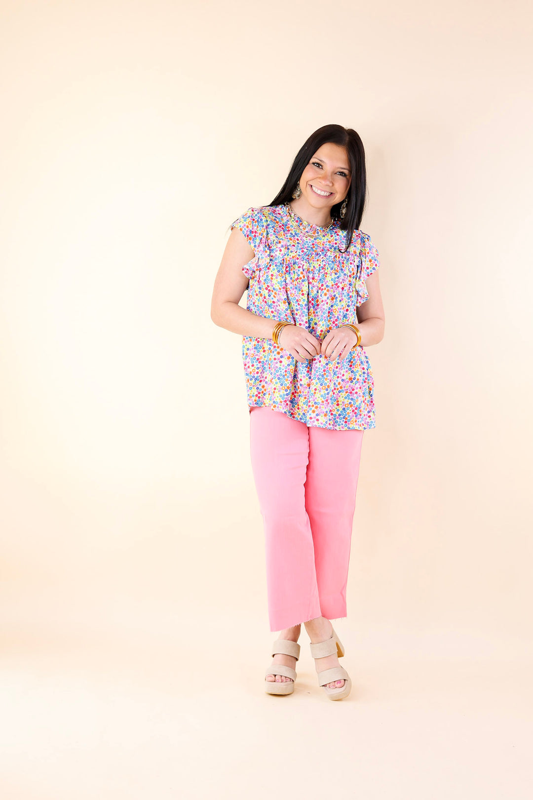 Fun Memories Floral Ruched Front Top with Ruffle Cap Sleeves in Blue Mix - Giddy Up Glamour Boutique