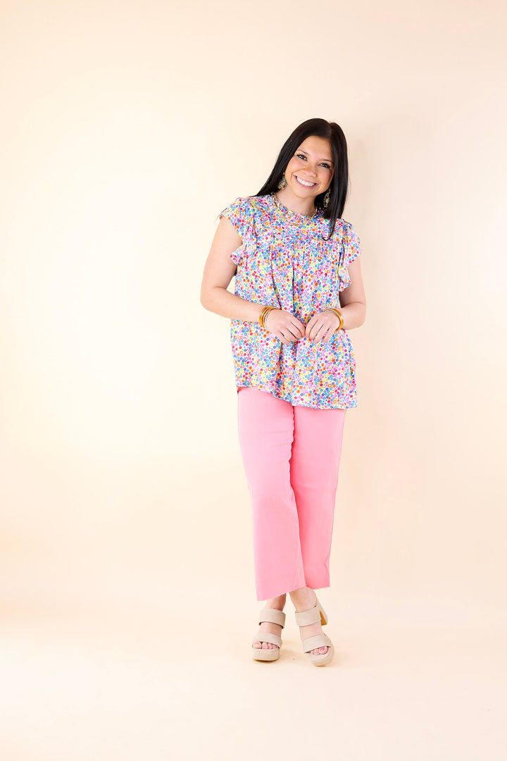 Fun Memories Floral Ruched Front Top with Ruffle Cap Sleeves in Blue Mix - Giddy Up Glamour Boutique