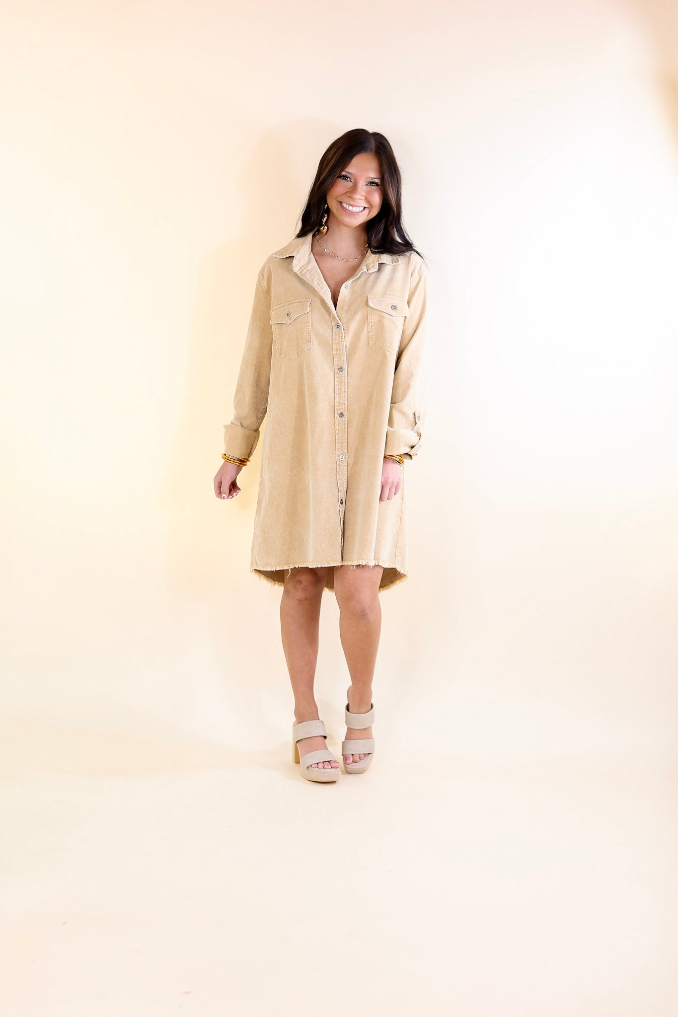 Patio Date Button Up Long Sleeve Corduroy Dress in Tan