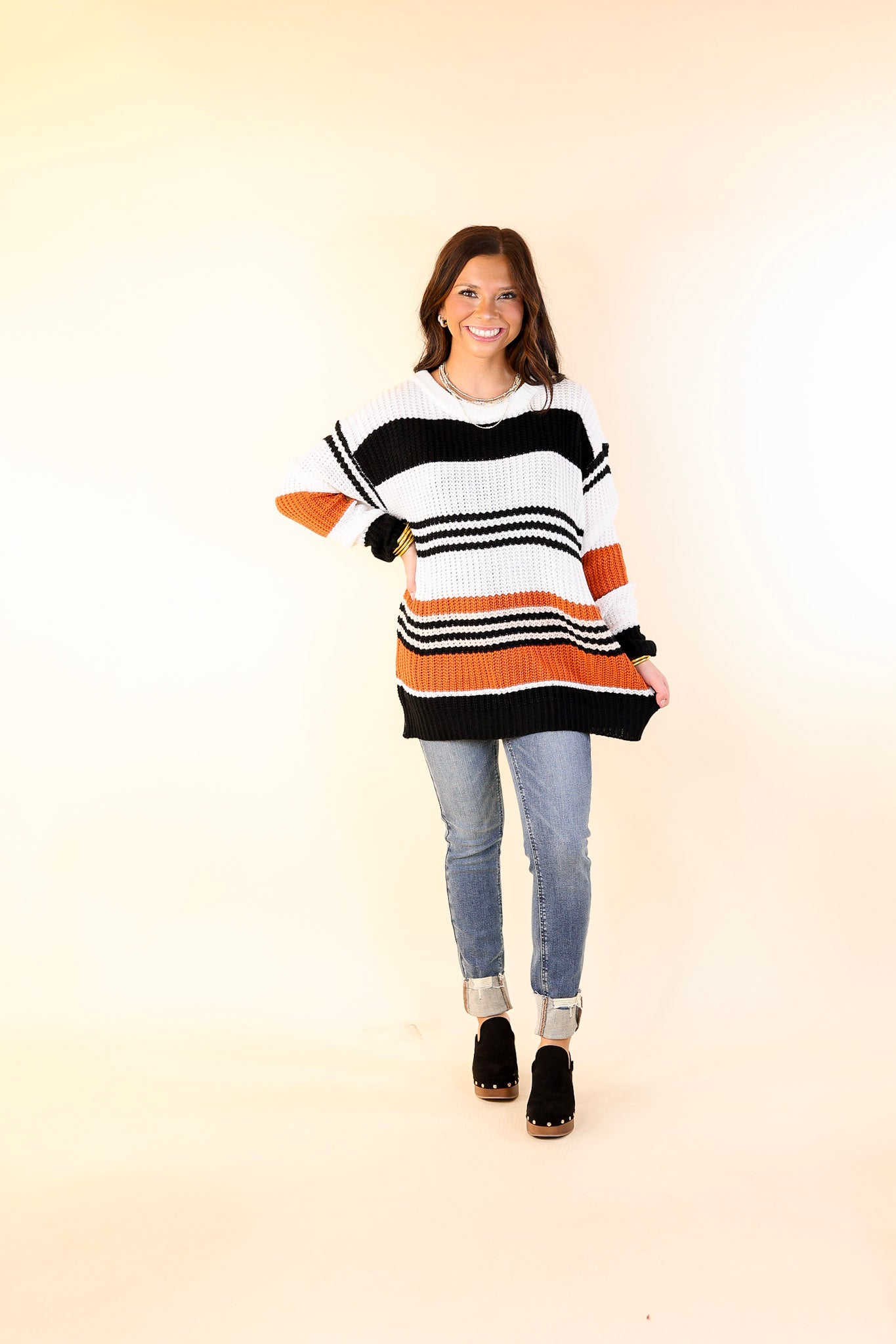 Harvest Honey Striped Cable Knit Sweater in Orange Mix