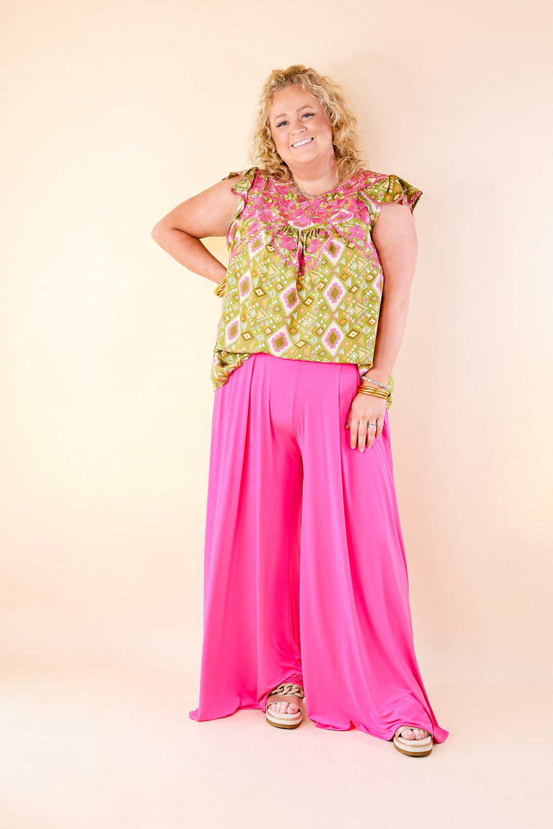 Serene Splendor Aztec Print Top with Pink Floral Embroidery in Green - Giddy Up Glamour Boutique