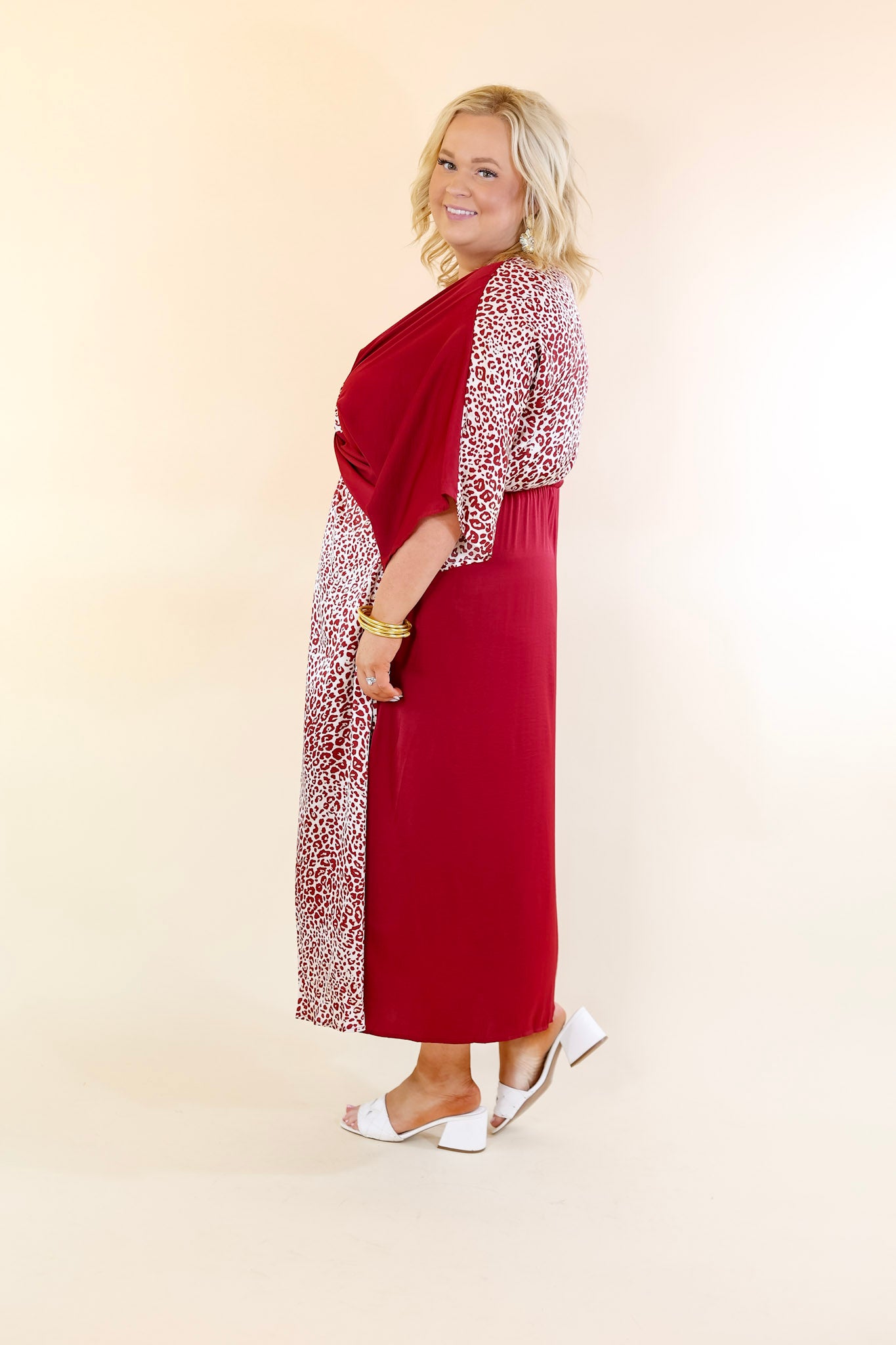 Take My Breath Away Front Knot Leopard Print Block Midi Dress in Maroon