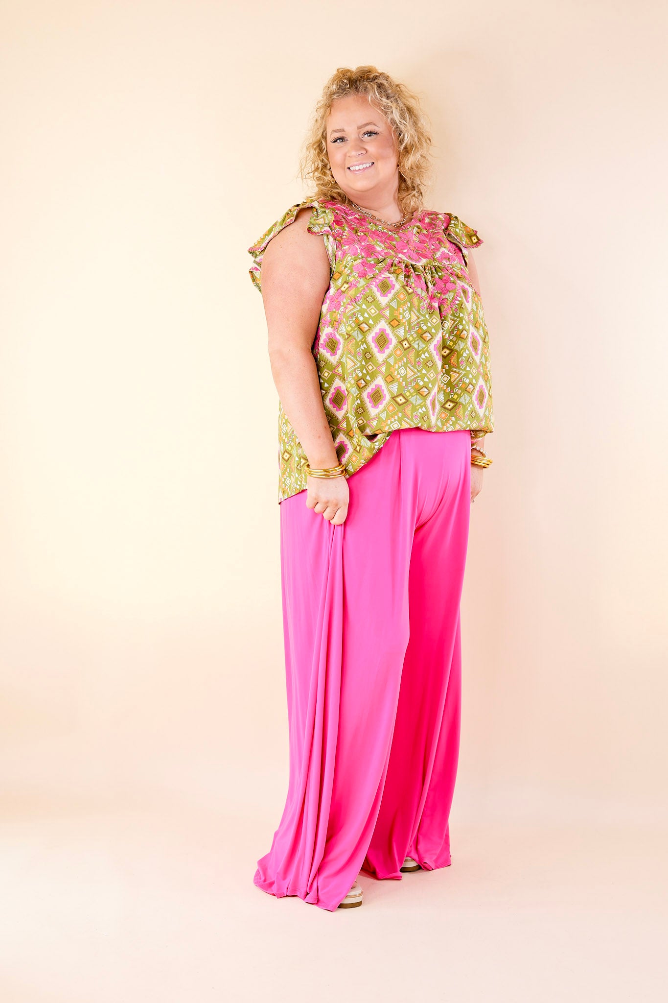 Serene Splendor Aztec Print Top with Pink Floral Embroidery in Green - Giddy Up Glamour Boutique